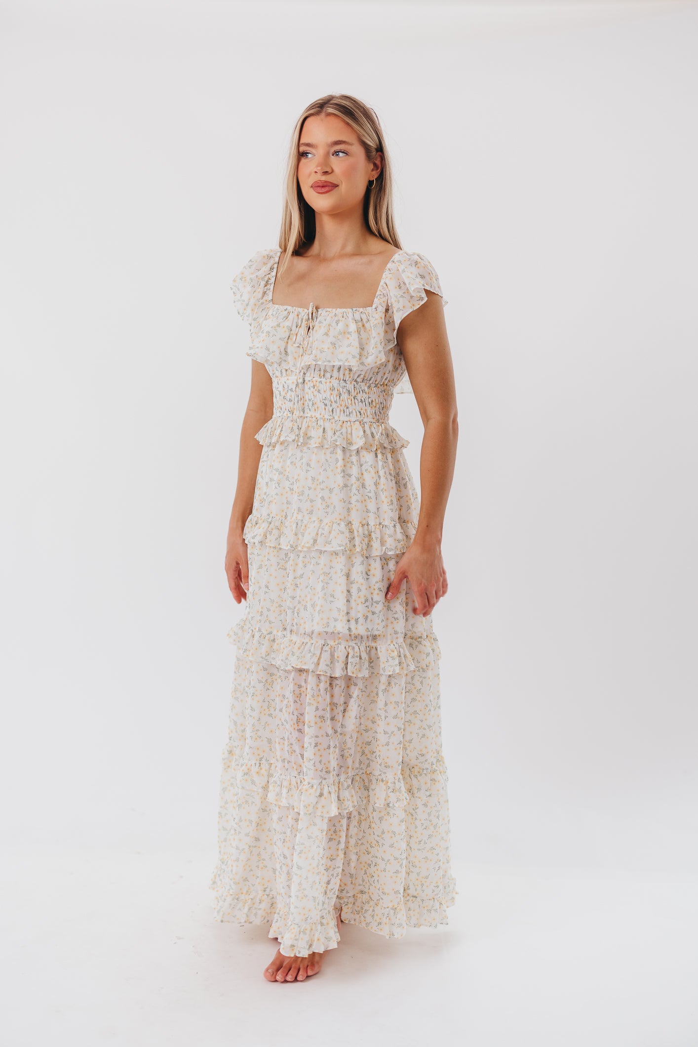 Astrid Ruffle Detail Maxi Dress - Yellow Floral Maternity Dress for Pregnancy | Bump Friendly, Comfortable & Stylish for Baby Showers, Maternity Photos & Summer Occasions