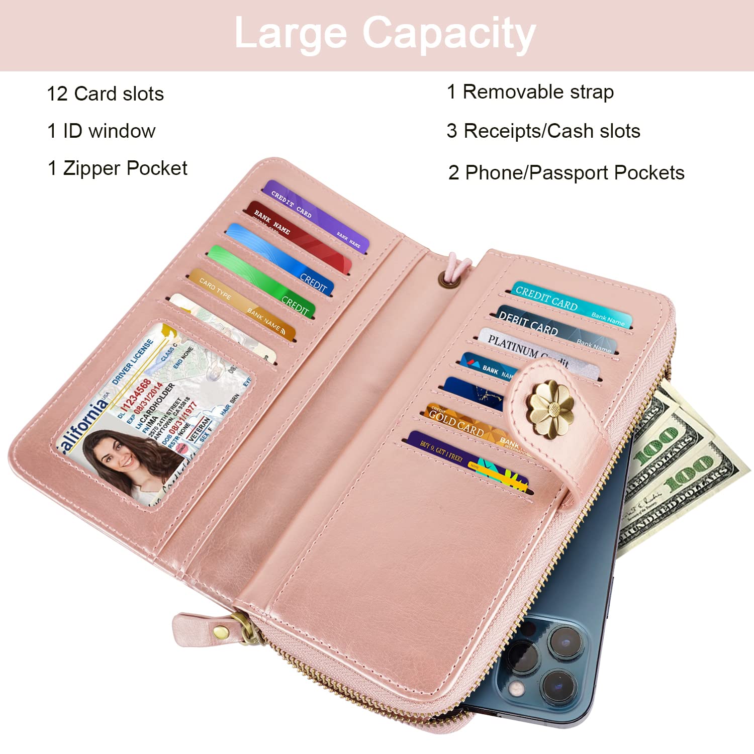 Women's RFID Blocking Leather Wallet - Multi Card Holder & Clutch Purse with Wrist Strap | Slim Organizer for Credit Cards, Cash & ID | Perfect for Travel, Shopping & Everyday Use