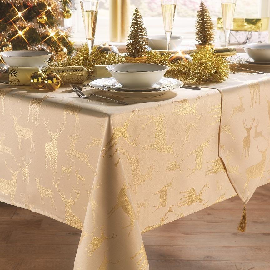 Stag Christmas Tablecloth - Gold Holiday Dining Decor for Festive Parties & Family Gatherings