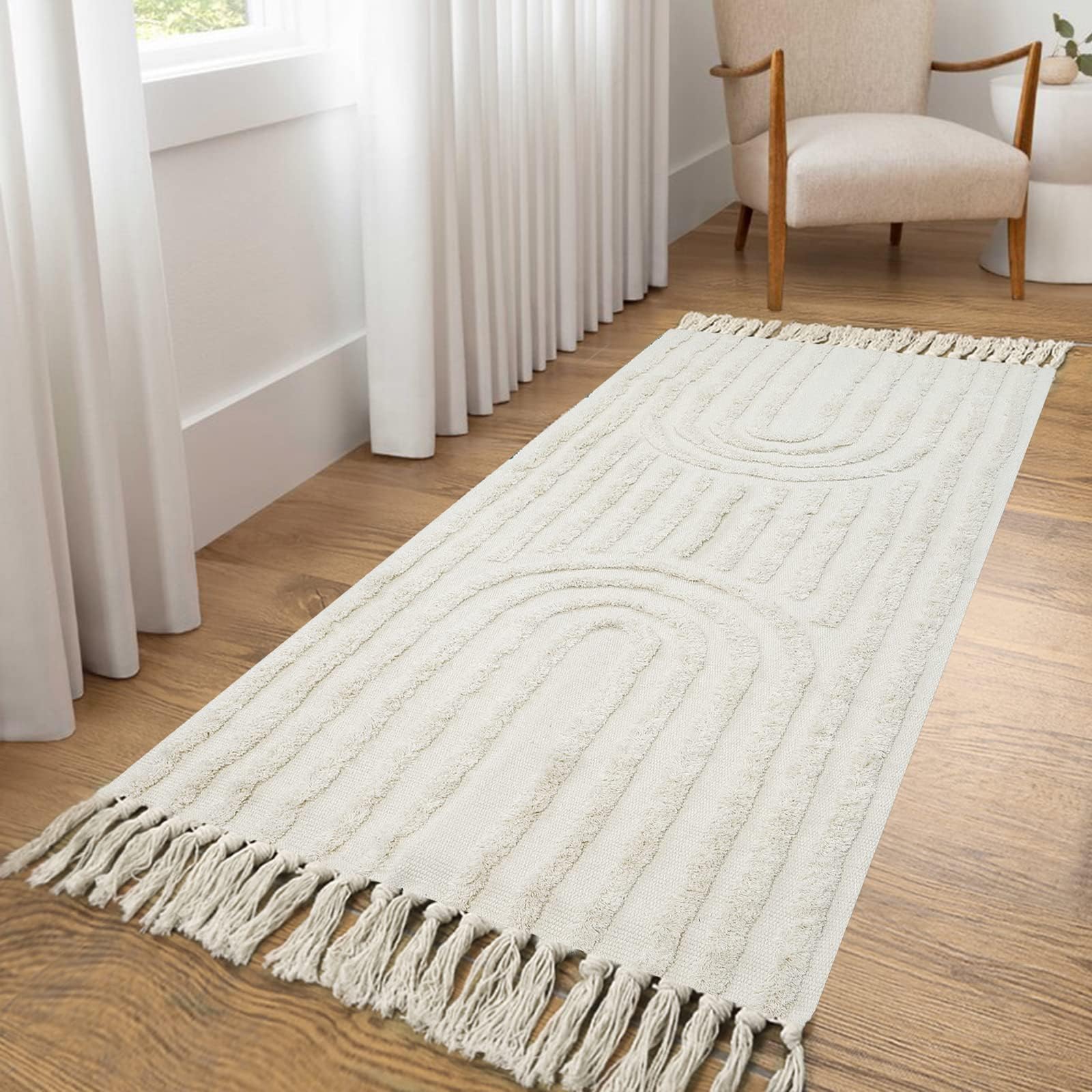 LEEVAN Bohemian Kitchen Runner Rug 2'x4' - Cotton Blend Washable Farmhouse Rug with Tassels, Beige Rainbow Stripes - Perfect for Laundry Room, Bathroom, Bedroom, Hallway & Kitchen Sink Area - Non-Slip Boho Decor Rug for Home & Office