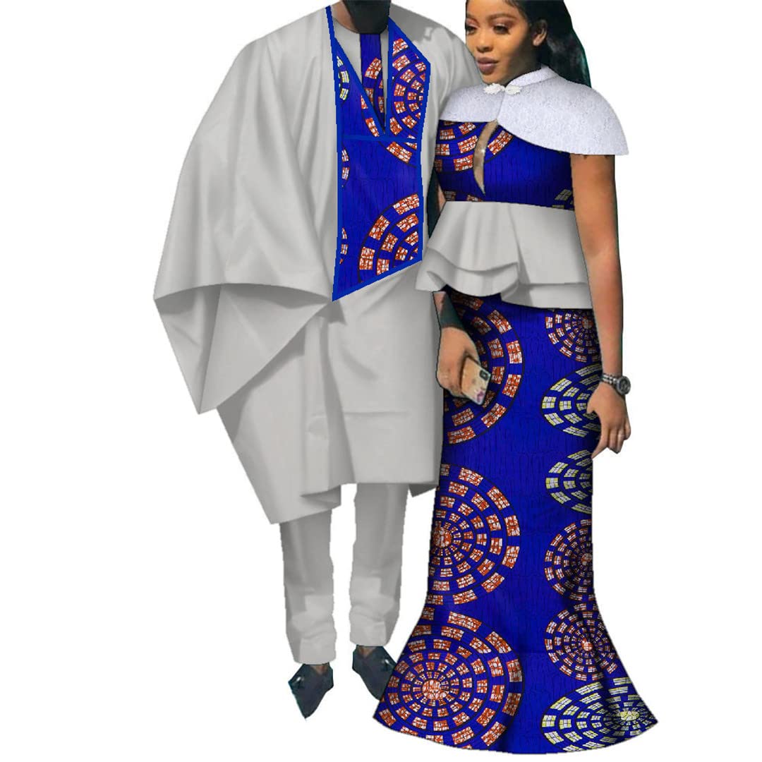 African Print Long Patchwork Dresses for Women & Men's Robe Pants - Traditional Couple Outfits for African Culture Lovers - Perfect for Weddings, Festivals and Cultural Events - 24fs1222 L