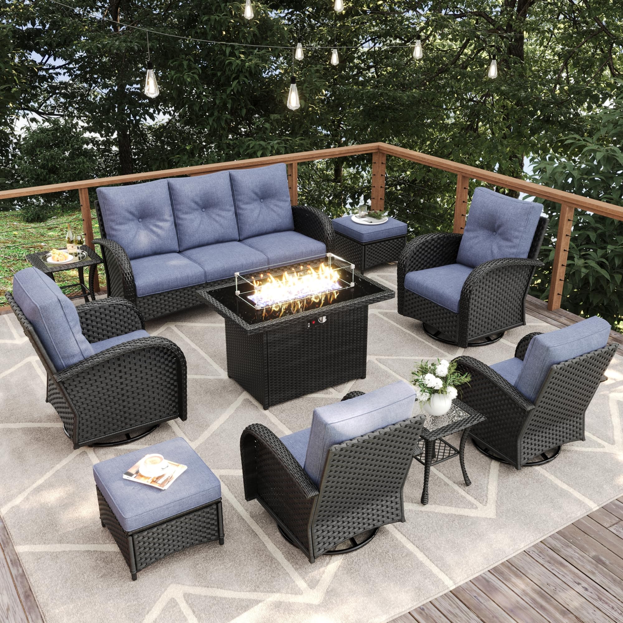 10-Piece Patio Furniture Set with Fire Pit Table - Wicker Rattan High-Back Outdoor Swivel Rocking Chairs, 3-Seat Couch, Ottomans & Side Table - Perfect for Backyard, Garden & Poolside Relaxation