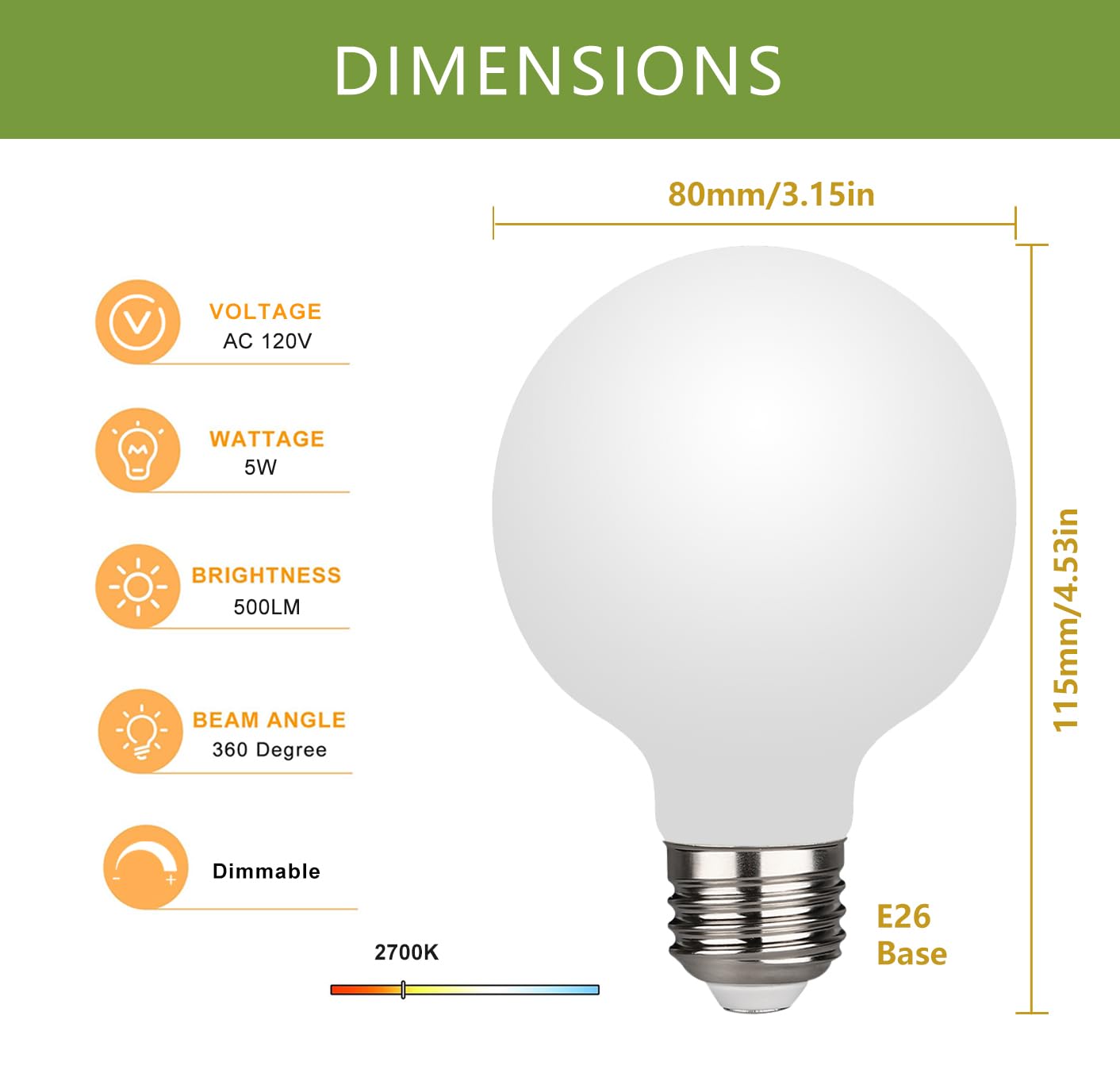 6 Pack G25(G80) Globe LED Light Bulbs - 5W Dimmable (40W Equivalent), Warm White 2700K, 500LM, E26 Base, Milky Filament - Perfect for Vanity, Makeup Mirror, Bathroom & Bedroom Lighting