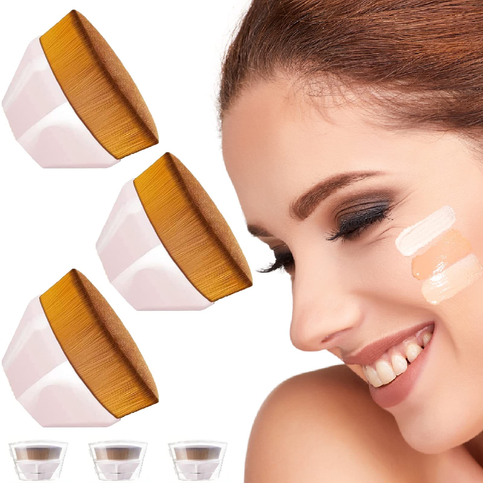 QVOBIUBIU Flat Top Kabuki Makeup Brush Set - 3 Pink Foundation Brushes for Liquid, Powder & Cream Makeup - Perfect for Professional & Everyday Makeup Application