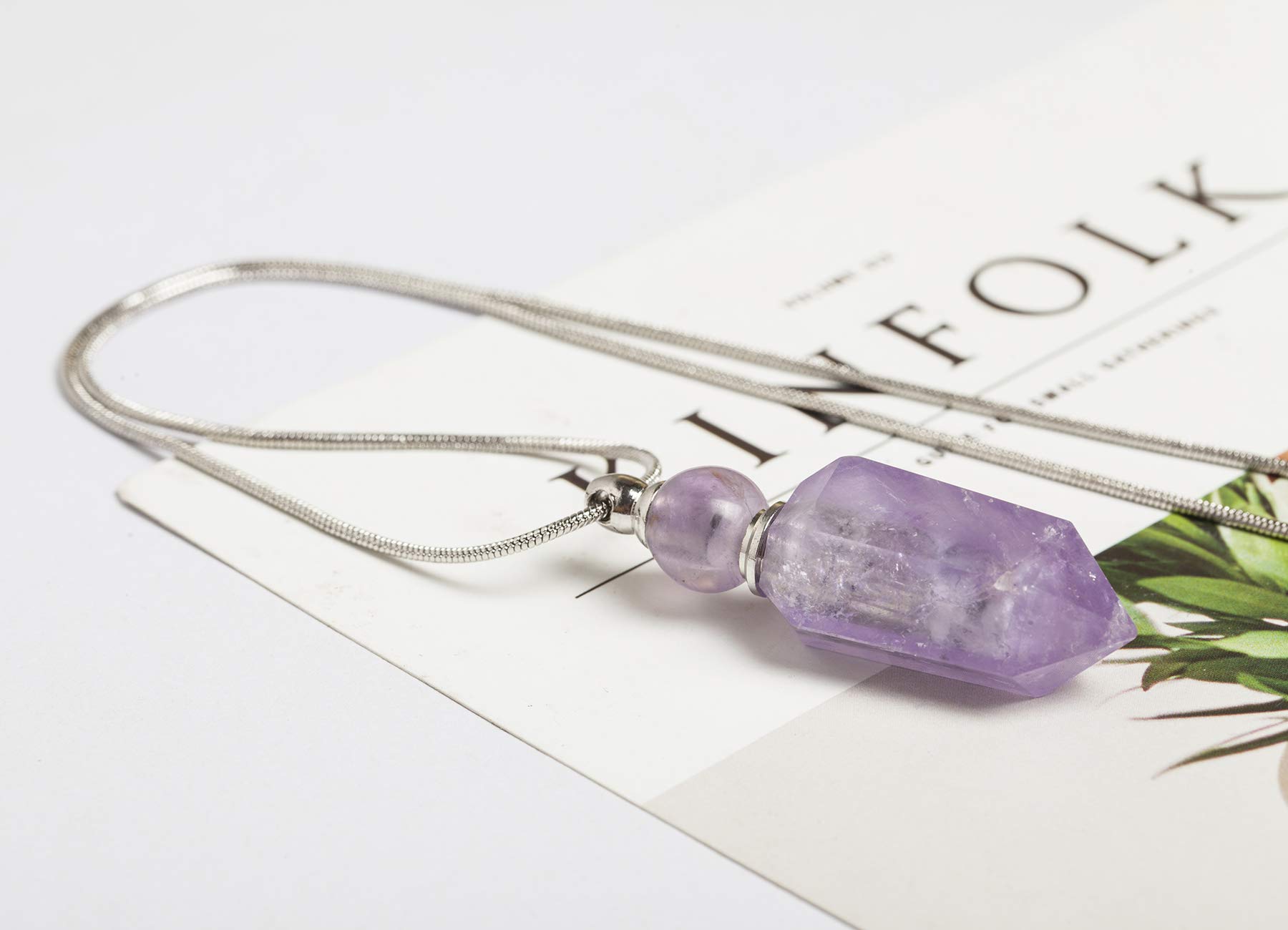 AMOYSTONE 1P Natural Amethyst Necklace - Long Chain Healing Crystal Pendant with Aromatherapy Oil Diffuser, Bullet Shape Women's Jewelry Gift for Meditation, Yoga & Spiritual Healing