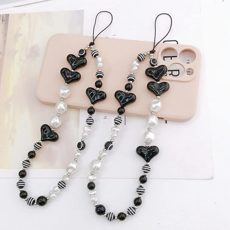 Black Heart Pearl Beaded Phone Lanyard Wrist Strap for Women & Girls - Stylish Phone Charm with Pearls, Elegant Beaded Phone Chain, Perfect for Everyday Use, Parties, and Gifts