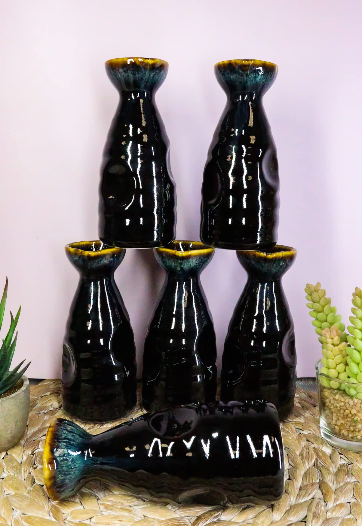 Ebros Gift Set of 6 Contemporary Brown & White Glazed Ceramic Japanese Sake Tokkuri Flasks with Heaven and Earth 'Ten To Ji' Design - Perfect for Sake Serving, Home Bar Decor, and Asian Dining Experience
