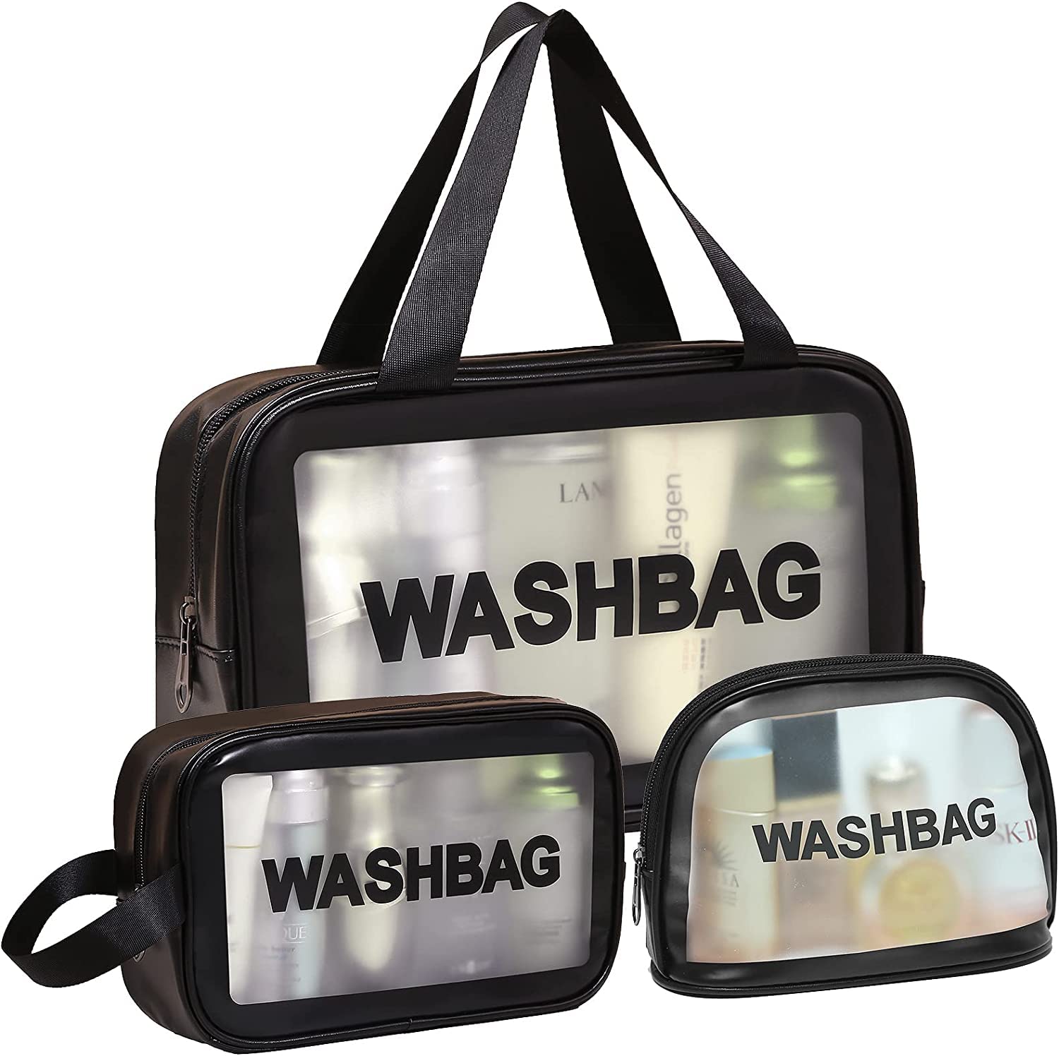 Flywind 3-Piece Waterproof Travel Toiletry Bag Set for Women & Men - Translucent Cosmetic Organizer with Large Capacity for Toiletries & Makeup Accessories (Black) | Perfect for Air Travel, Camping & Gym Essentials