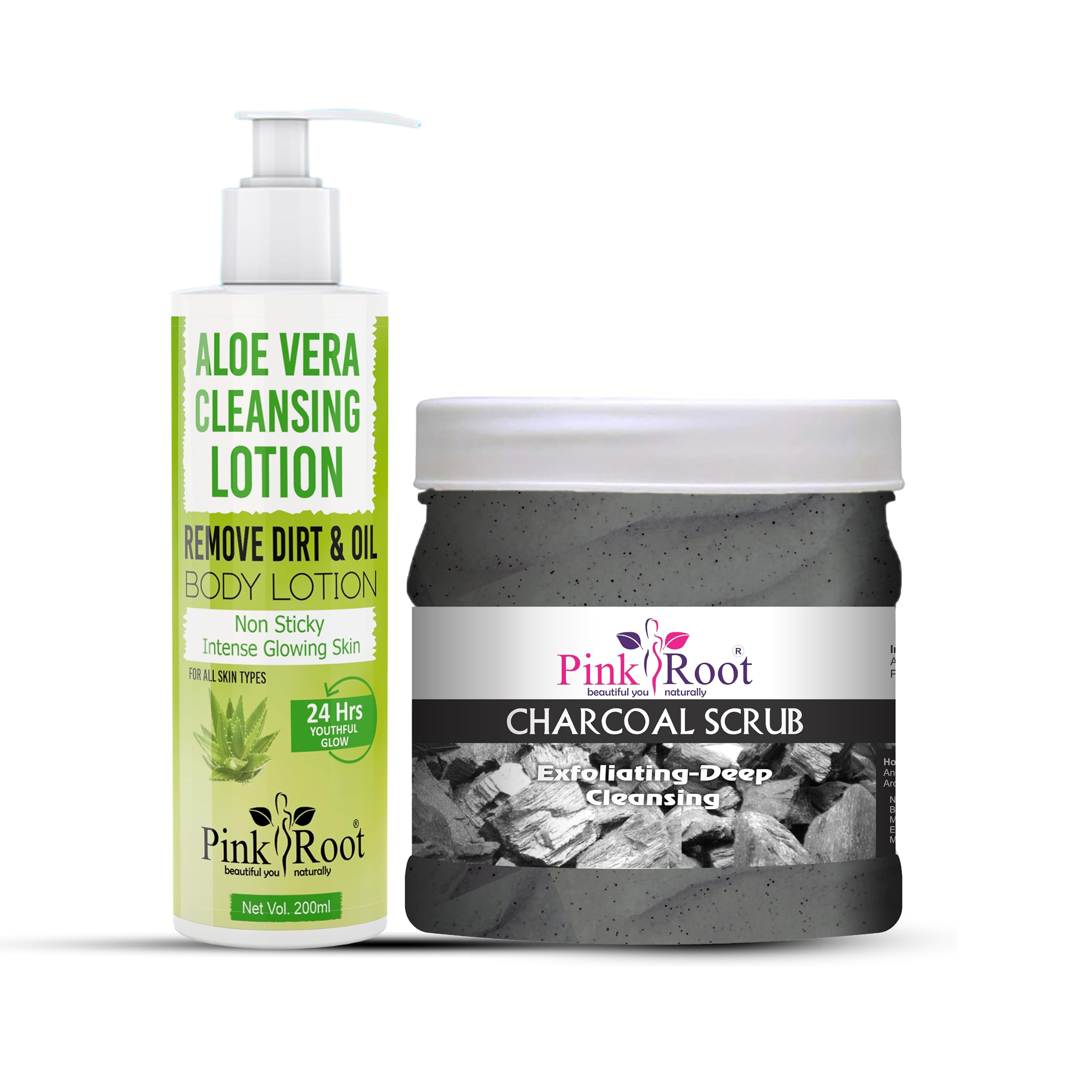 Pink Root Aloe Vera Cleansing Milk 200ml with Charcoal Scrub 500gm - Organic Facial Cleanser for Acne & Blackheads - Perfect for Daily Skincare Routine & Deep Pore Cleansing