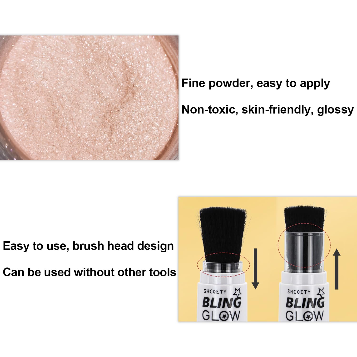 Glitter Powder Highlighter Makeup - Shimmer Body Glitter Brush for Face, Lips & Body | 3D Brightening Blusher & Natural Glow Enhancer | Perfect for Parties, Festivals & Night Out (Champagne #03)