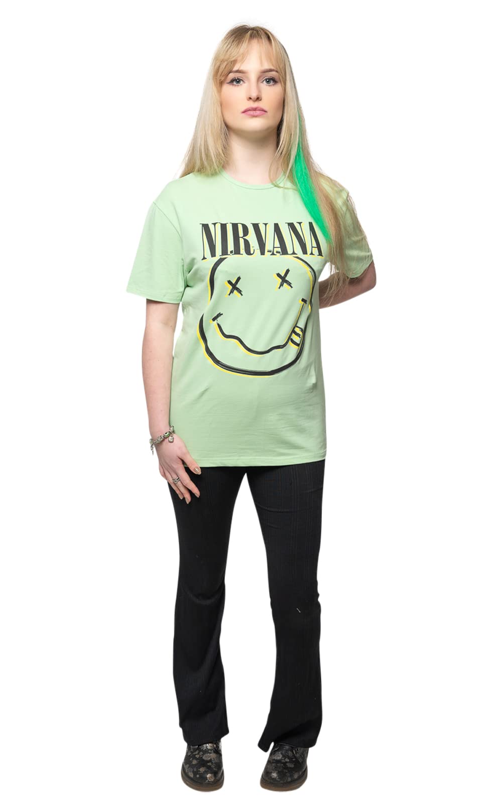 Nirvana Official Unisex Band Logo T-Shirt with Inverse Smile Design in Green - Perfect for Concerts, Grunge Fashion & 90s Retro Style