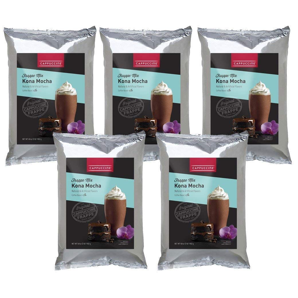 Premium Kona Mocha Cappuccino Ice Coffee Frappe Mix - 5 Bags Case | Delicious Iced Coffee Drink for Home, Office & Cafes | Perfect for Summer Refreshment & Coffee Shops