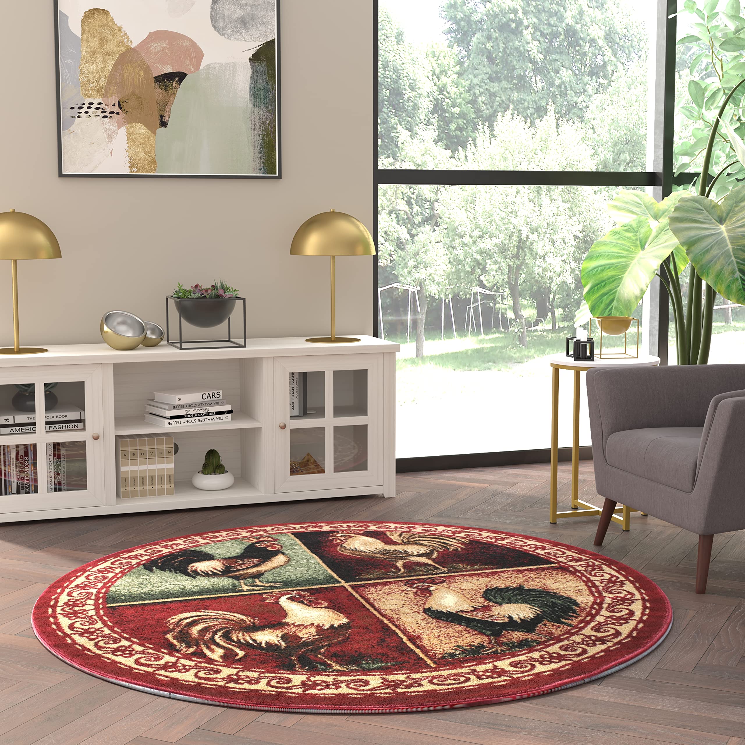 EMMA + OLIVER Olefin Accent Rug - 6'x6' Round Multicolor Rooster Design with Floral Borders - Non-Shedding, Stain-Resistant with Jute Backing - Perfect for Living Room, Bedroom or Kitchen Decor