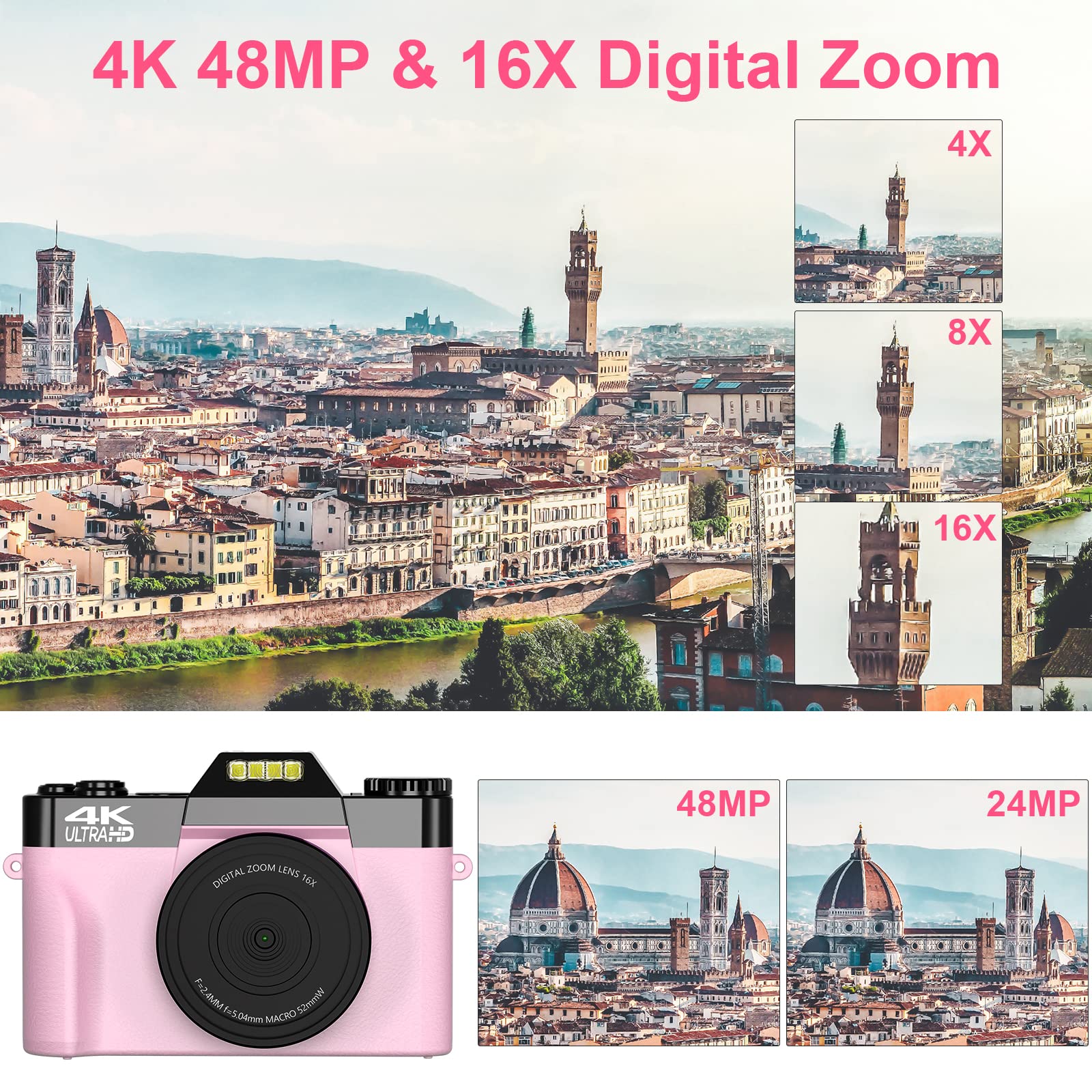 VETEK 4K 48MP Digital Camera for Photography & Vlogging - 16X Zoom, Manual Focus, Wide-Angle & Macro Lens - Includes 32GB Card & 2 Batteries (Pink) - Perfect for Travel, YouTube Videos & Student Photography Projects