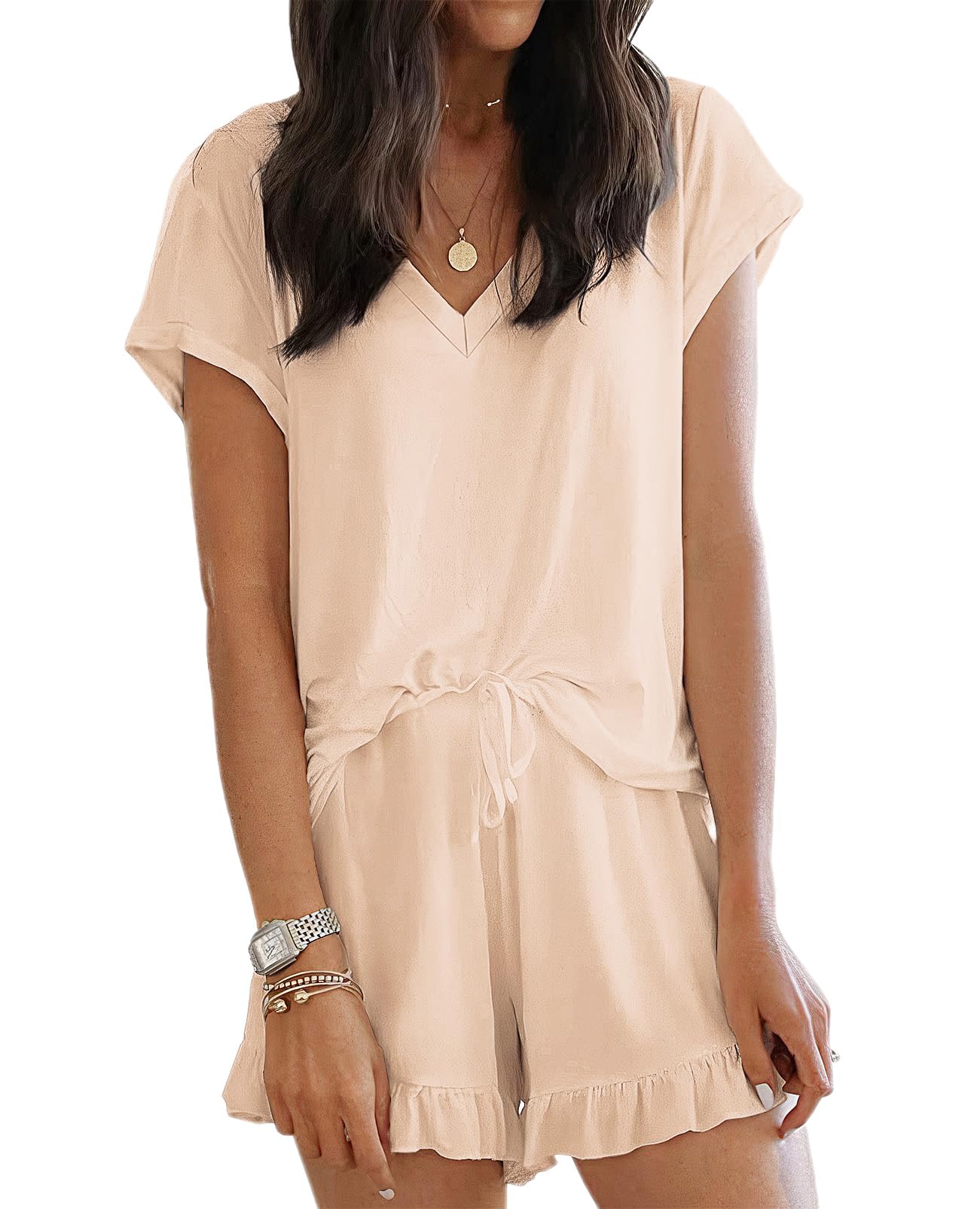 LuckyMore Women's Soft Short Sleeve V-Neck Pajama Set with Lounge Shorts - Comfortable Sleepwear for Nighttime & Casual Wear at Home