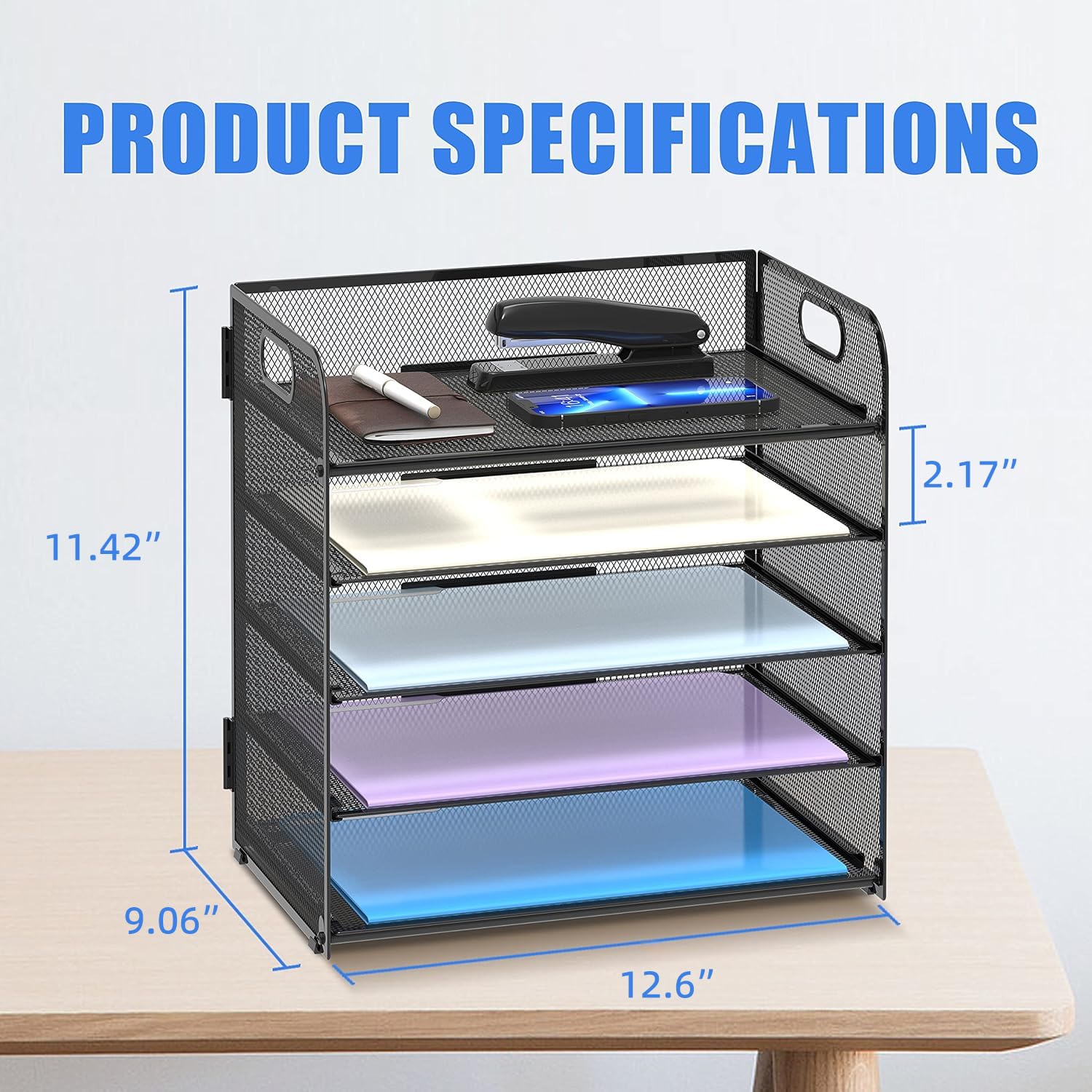 Supeasy 5-Tier Mesh Desk File Organizer with Handles - Letter Tray Paper Sorter for Office, Home & School - Perfect for Bills, Mail, Documents & Office Supplies Organization