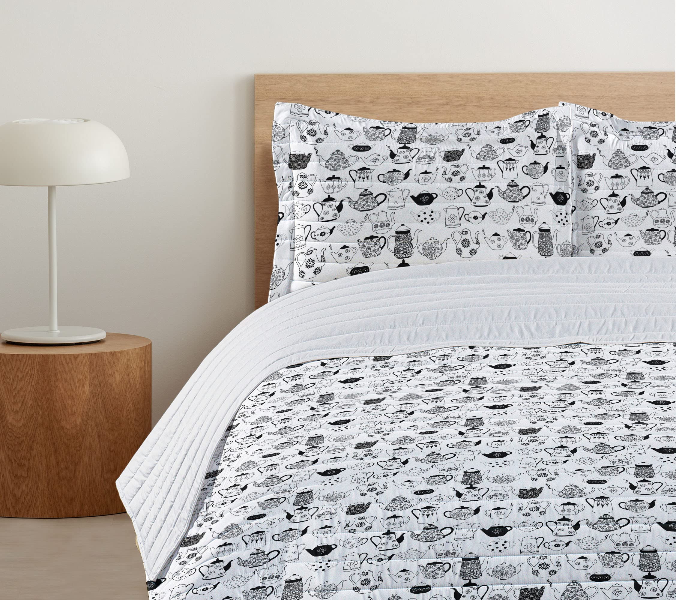 Ambesonne Tea Party Microfiber Bedspread Set - Floral Cup Design Black & White Queen Size Bedding with Pillow Shams & Comforter | Soft Durable Microfiber for Bedroom Decor, Tea-Themed Home Accent