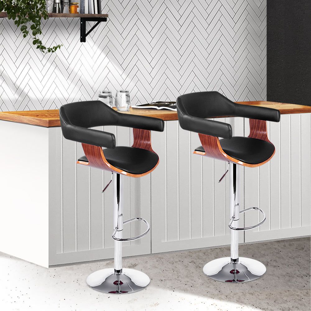 Adjustable Height Bar Stools with Gas Lift Mechanism - PU Leather Upholstery & Armrests - Black Counter Stools for Kitchen Island, Breakfast Bar, or Home Pub - Set of 2