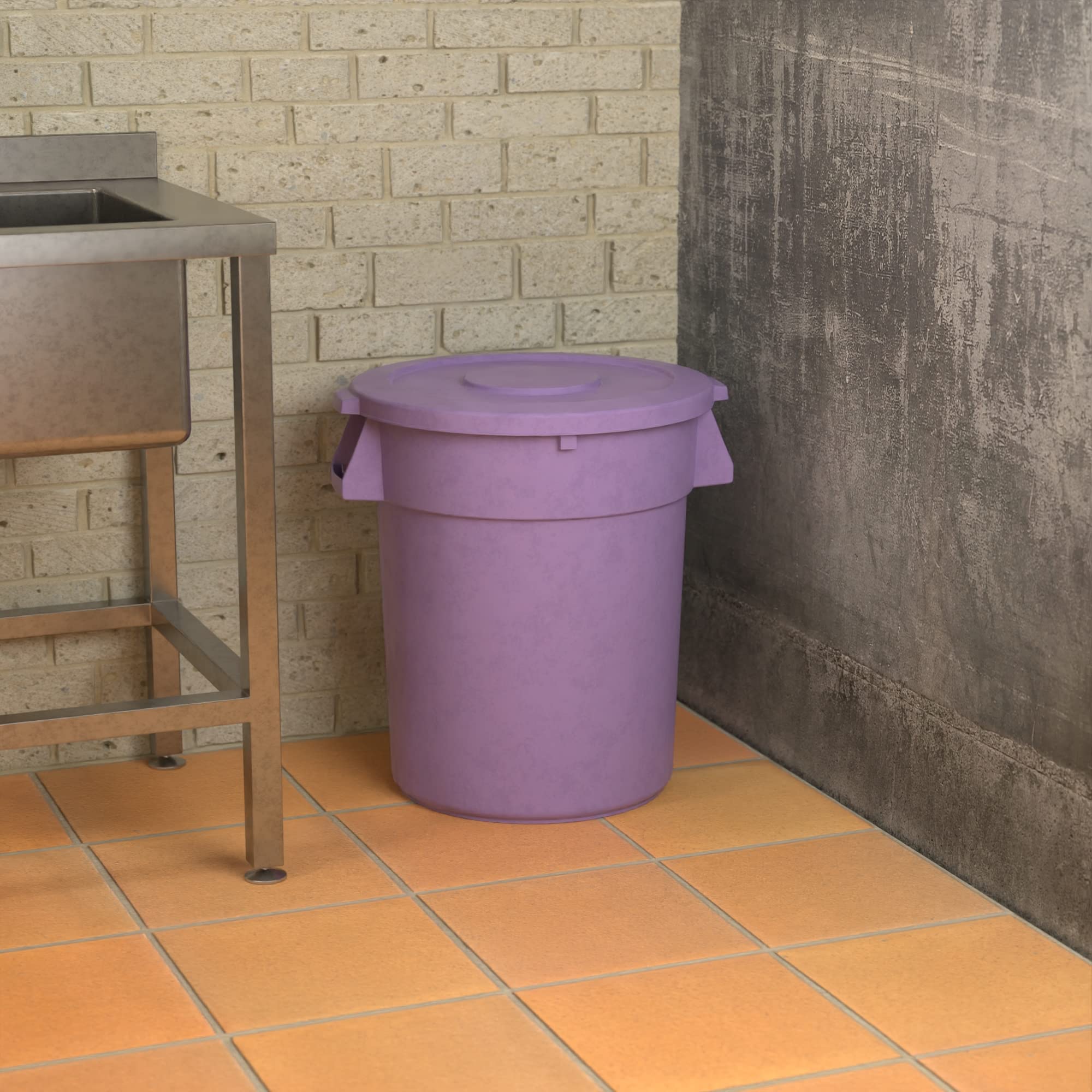 32 Gallon Purple Round Commercial Trash Can with Lid - Heavy Duty Waste Bin for Restaurants, Offices & Outdoor Use - Durable Plastic Garbage Can with Secure Lid for Odor Control