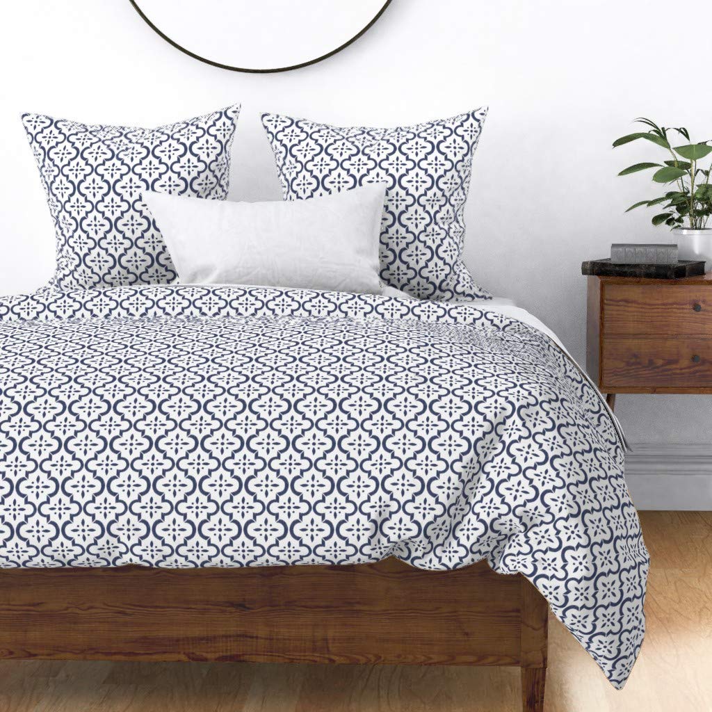 Custom Navy White Ikat Moroccan Floral Tile Trellis Geometric Blue Quatrefoil Print Cotton Sateen Duvet Cover for Twin Bed - Soft & Breathable Bedding for Modern Bedroom Decor