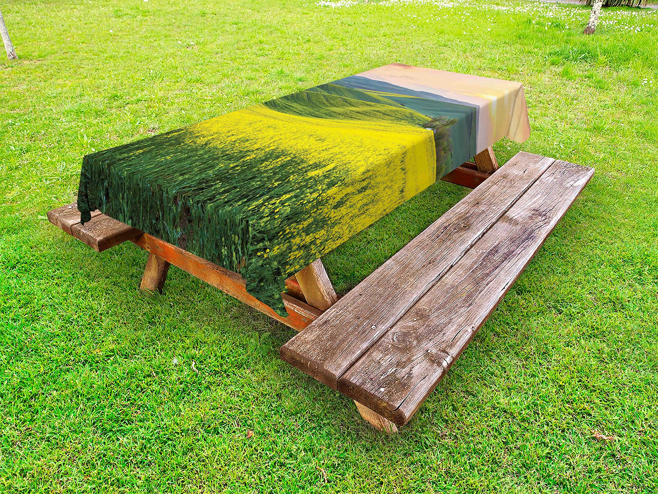 Ambesonne Yellow Outdoor Tablecloth - Spring Wildflower Fields Sunrise Landscape with Colorful Sky & Hills - Washable Picnic Table Cover 58x84 Inches - Perfect for Garden Parties, BBQs, and Outdoor Dining (Yellow & Green)