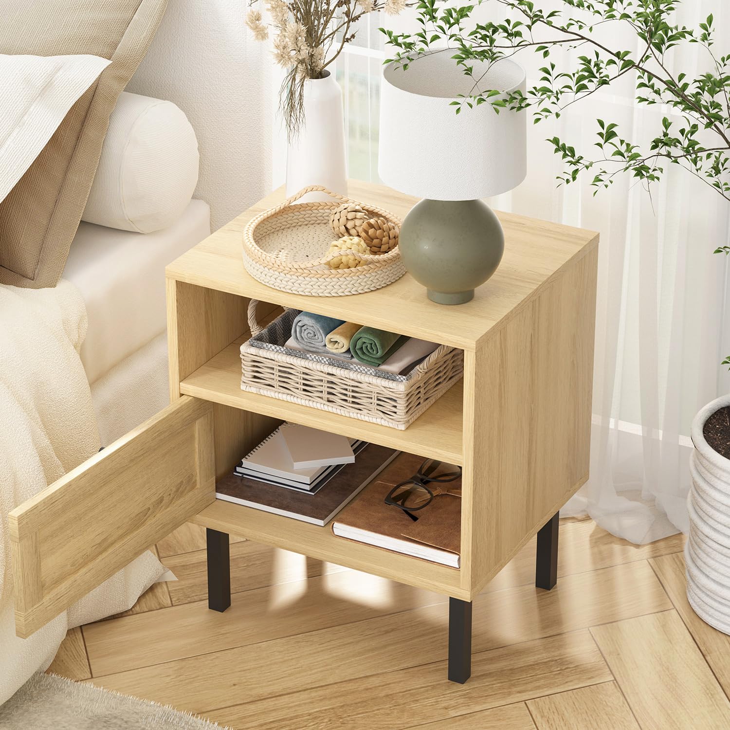 Rattan Nightstands Set of 2 - Boho Bedside Tables with 1 Door & Open Shelf, Natural Wood End Tables with Metal Legs - Perfect for Bedroom, Living Room, or Guest Room Decor
