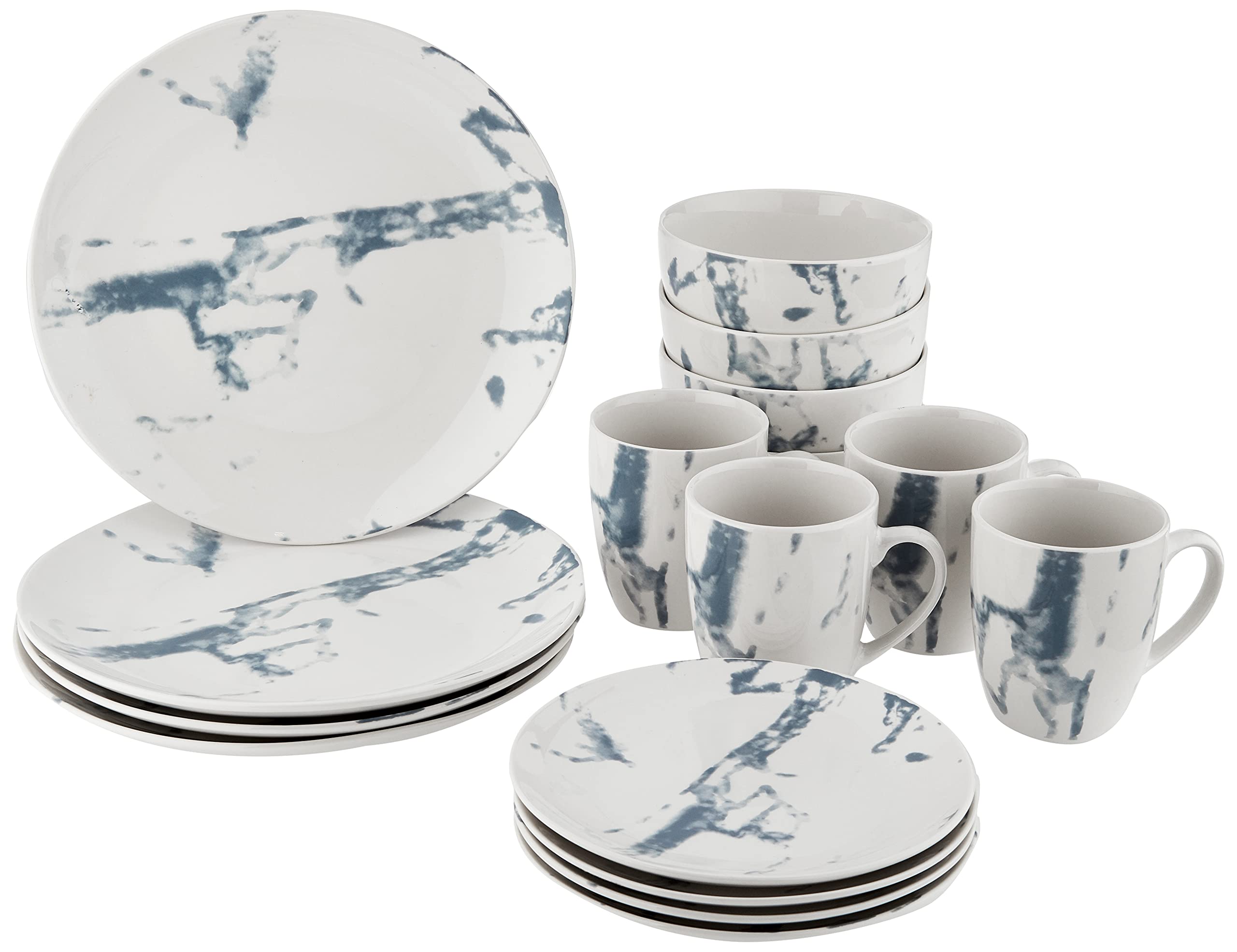 American Atelier 16-Piece Round Dinnerware Set - White & Blue Stoneware Plates, Bowls & Mugs | Marble Design 10.5