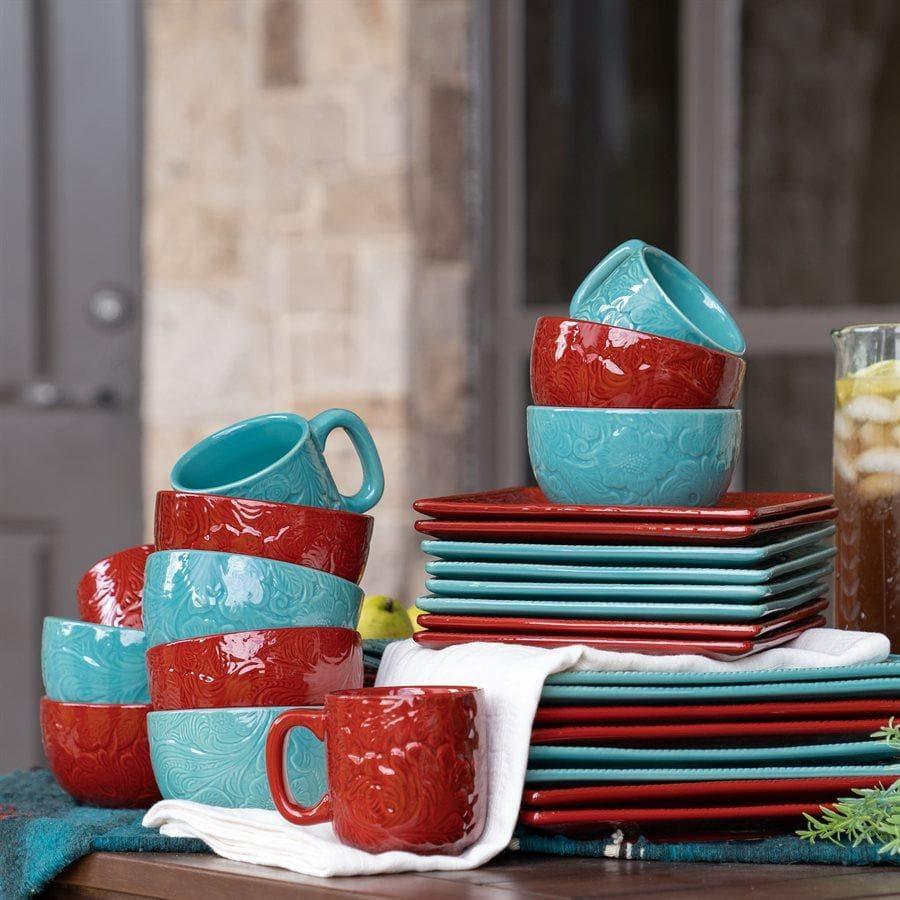 Turquoise Embossed Ceramic Dinnerware Set - 16-Piece Elegant Tableware for Formal Dining & Special Occasions | Perfect for Weddings, Dinner Parties & Home Decor