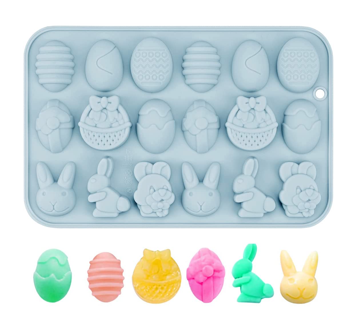 Easter Bunny & Egg Silicone Baking Molds - 18 Cavity BPA Free Chocolate, Cake, Candy, Soap, Jelly & Mousse Molds for DIY Desserts, Holiday Baking & Party Treats - Easy Release Blue Silicone Mold