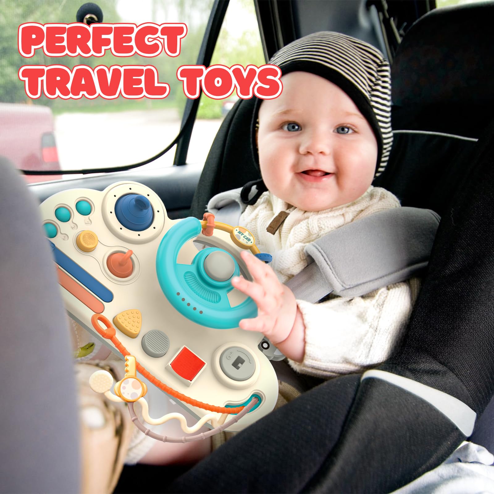 Montessori Busy Board Toy for Toddlers 1-3 Years Old - 4-Strap Steering Wheel Travel & Car Seat Activity Toy - Sensory Educational Learning Game - Best Gift for 18 Month+ Kids (Blue) - Perfect for Road Trips, Airplane Travel & Quiet Playtime
