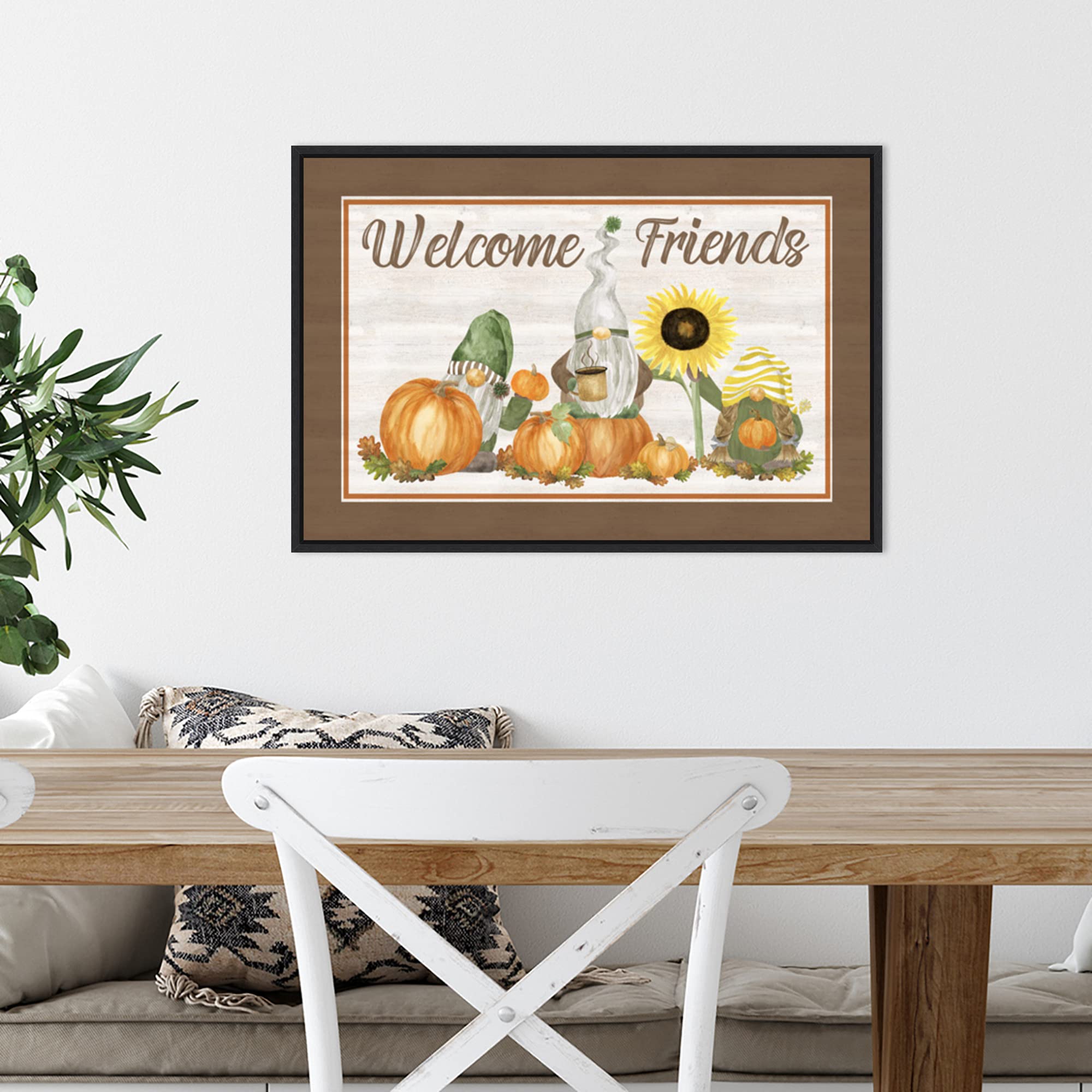 Amanti Art Framed Canvas Wall Art 16x23 - Fall Gnomes Landscape II 'Welcome Friends' by Tara Reed | Seasonal Home Decor, Modern Framed Painting for Living Room, Bedroom & Office | Ready-to-Hang Wall Art