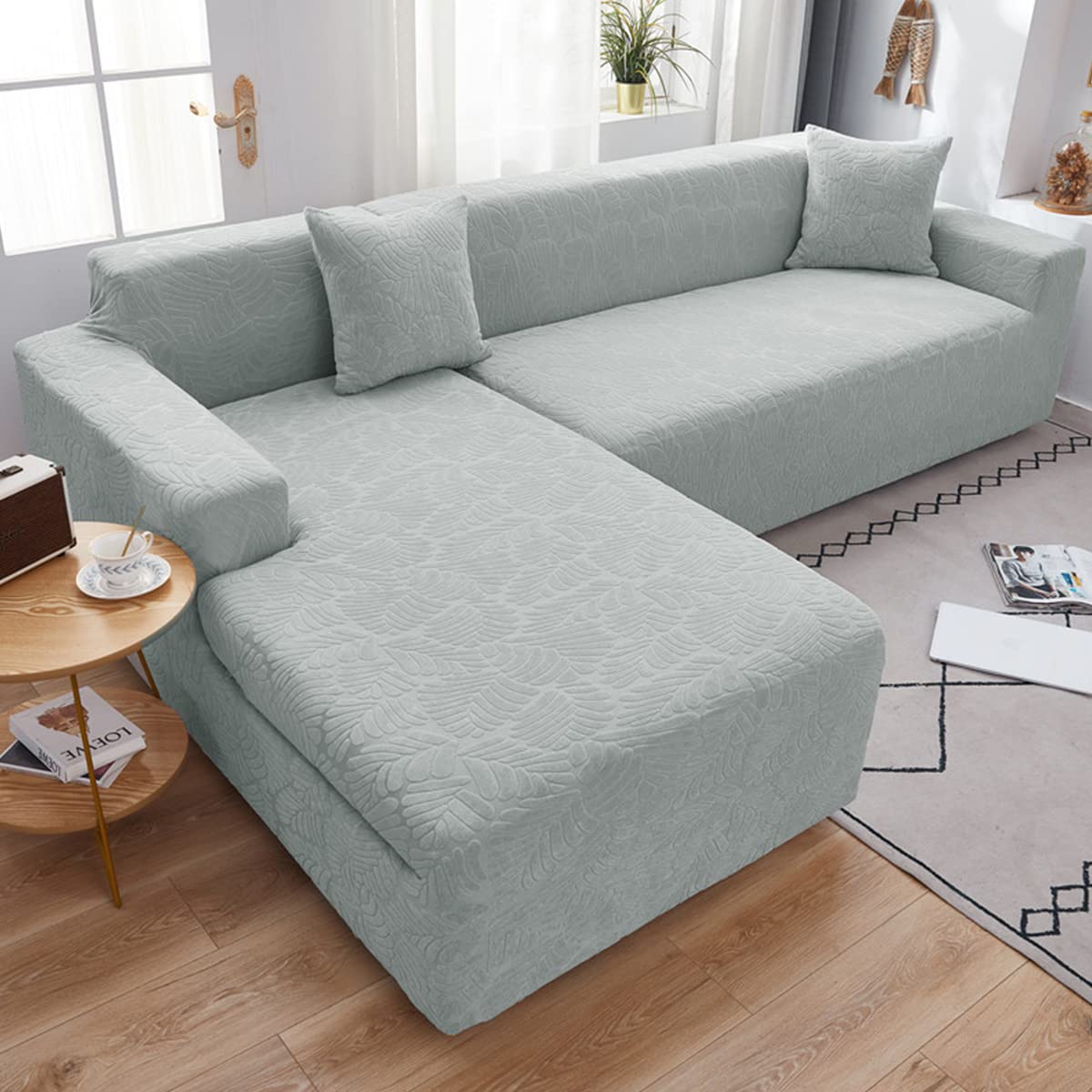 3+3 Seat Velvet Stretch Sofa Cover - 2 Piece Plush Couch Protector for L-Shaped Sectional Sofa in Light Green | Soft & Durable Furniture Slipcover for Living Room, Family Room & Home Decor