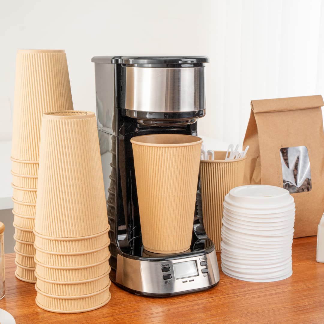 16oz Insulated Coffee Cups with Lids - 20 Pack Leakproof Kraft Paper Hot Cups for Tea, Hot Cocoa & Lattes | Disposable, Non-Slip Ripple Wall Design | Perfect for Coffee Shops, Offices & Catering Events