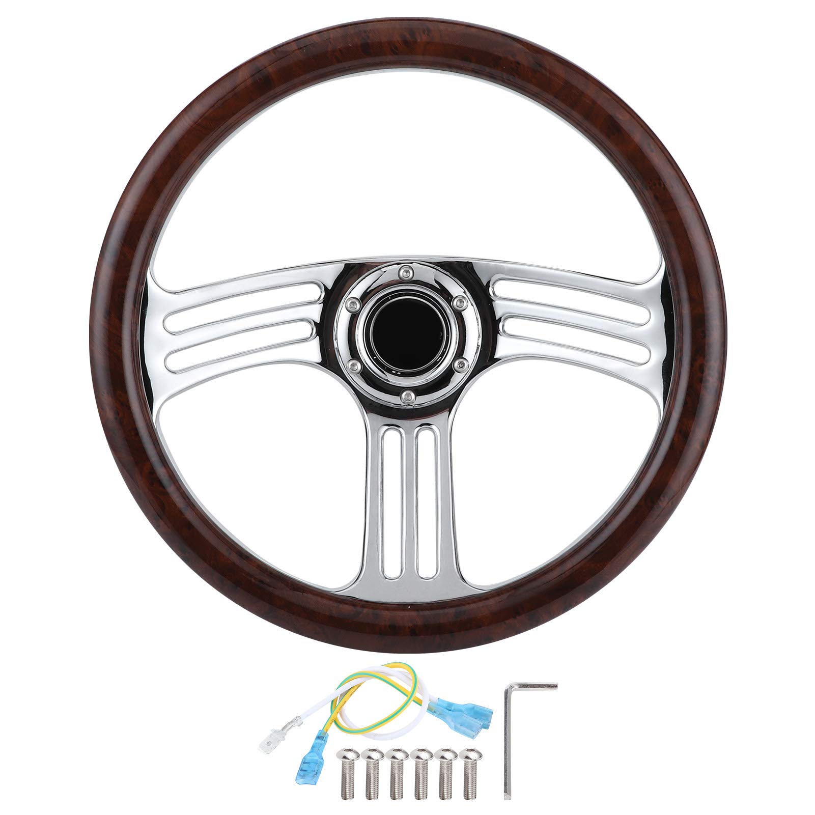 Vintage Style 14 Inch Dark Wood Grip Steering Wheel - 350mm 6-Bolt Chrome 3-Spoke Design for Classic Cars & Hot Rods - Perfect for Restoration Projects & Custom Builds