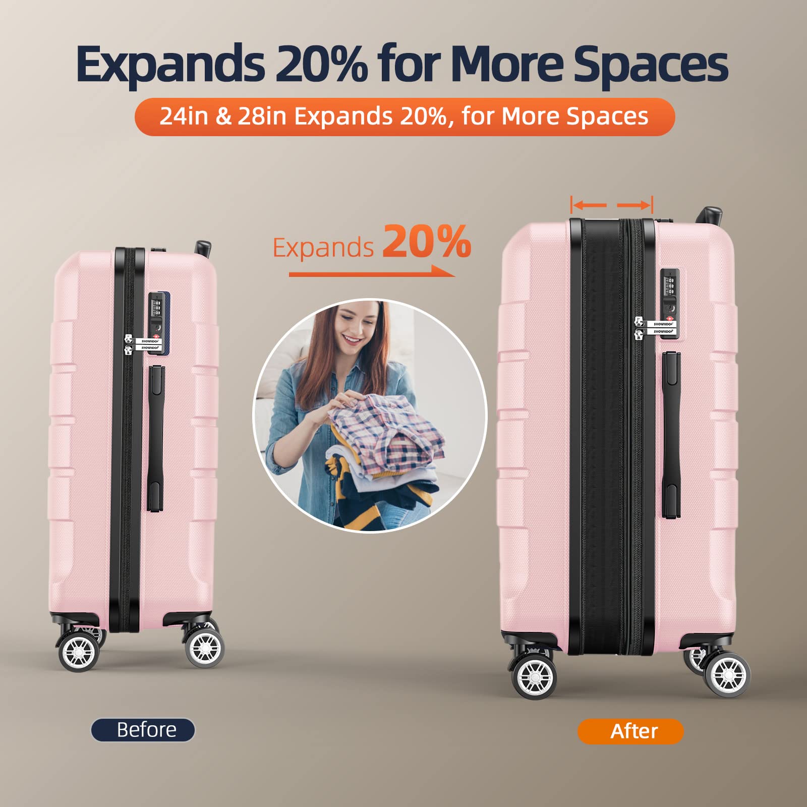 SHOWKOO Expandable Luggage Set - 3-Piece Durable PC+ABS Suitcase with Double Spinner Wheels & TSA Lock (Pink) - Perfect for Air Travel, Business Trips & Family Vacations