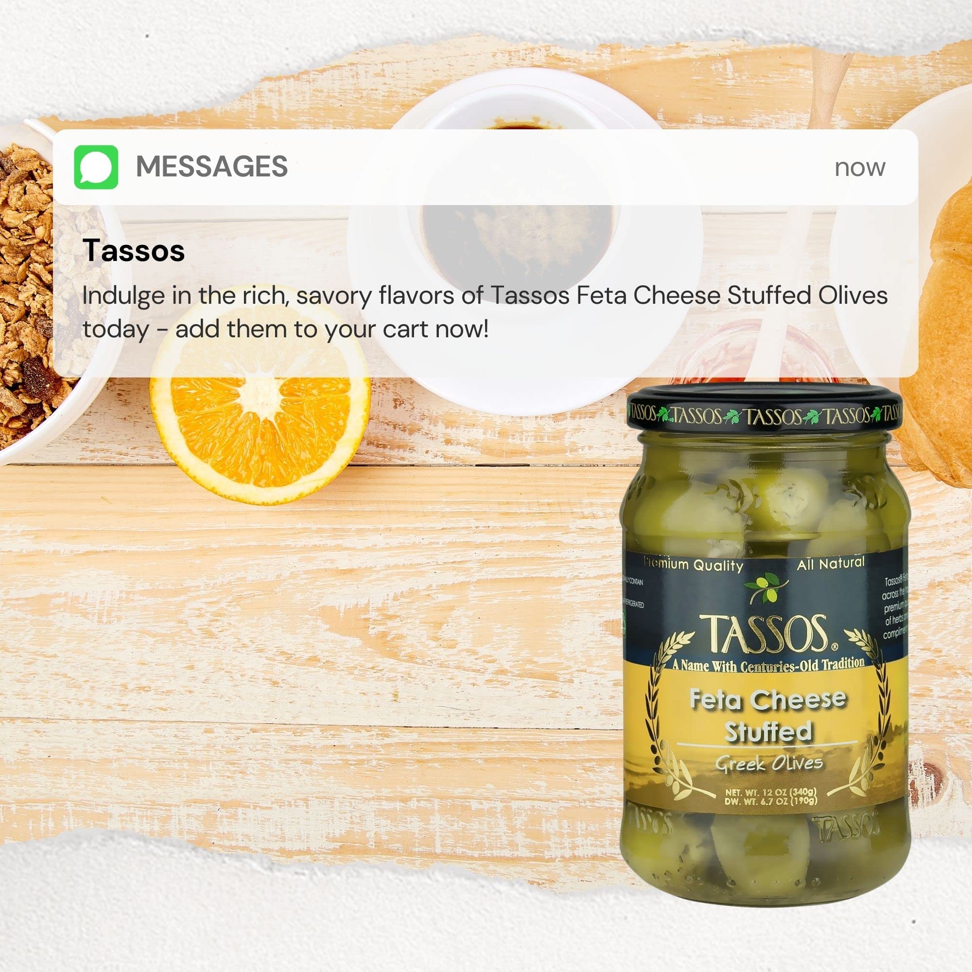Tassos Stuffed Green Olives with Feta Cheese - 12oz Jar | Premium Mediterranean Snack for Charcuterie Boards, Salads & Cocktail Parties