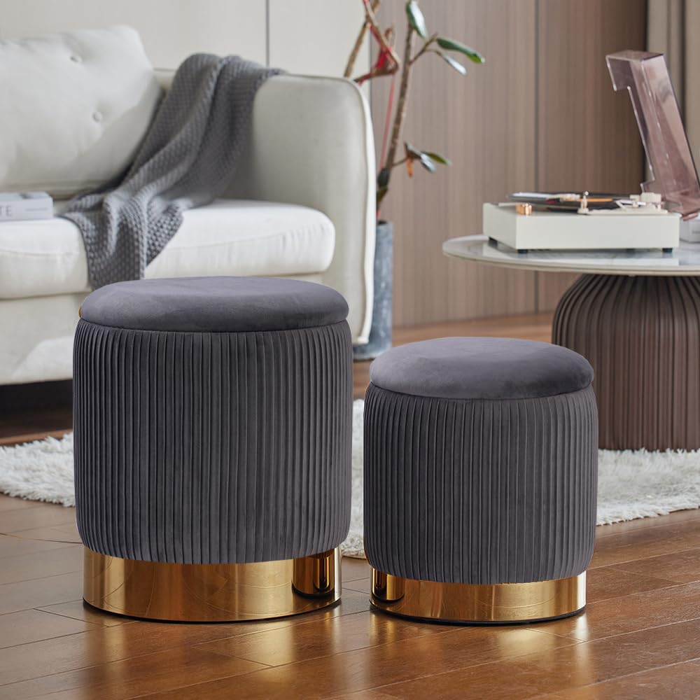 Round Velvet Storage Ottoman Set of 2 - Modern Circle Footrest with Hidden Storage for Living Room, Bedroom & Dorm - Multi-Functional Accent Chair for Extra Seating and Home Organization