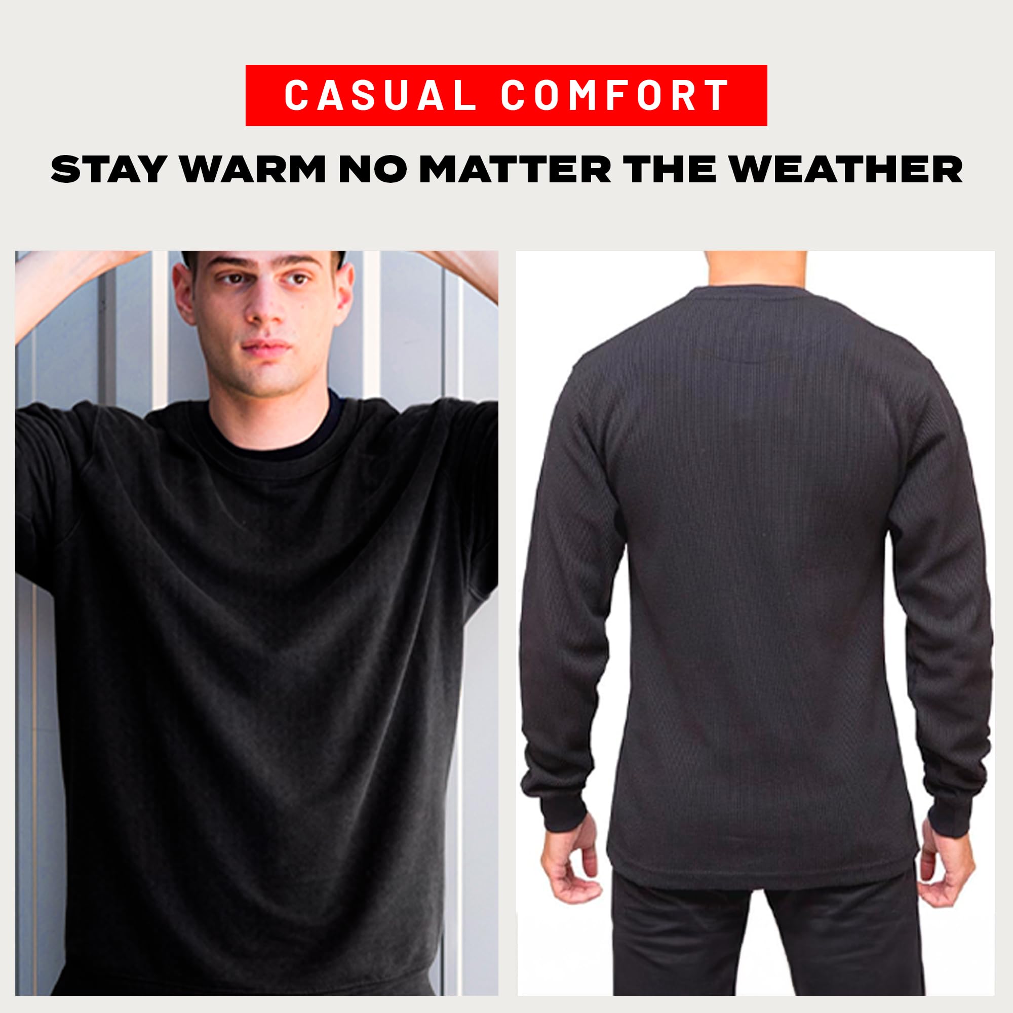 Heavyweight Crew Neck Thermal Shirts for Men - Rugged Waffle Knit Fabric Long Sleeve Shirt | Winter Base Layer, Outdoor Workwear & Casual Wear