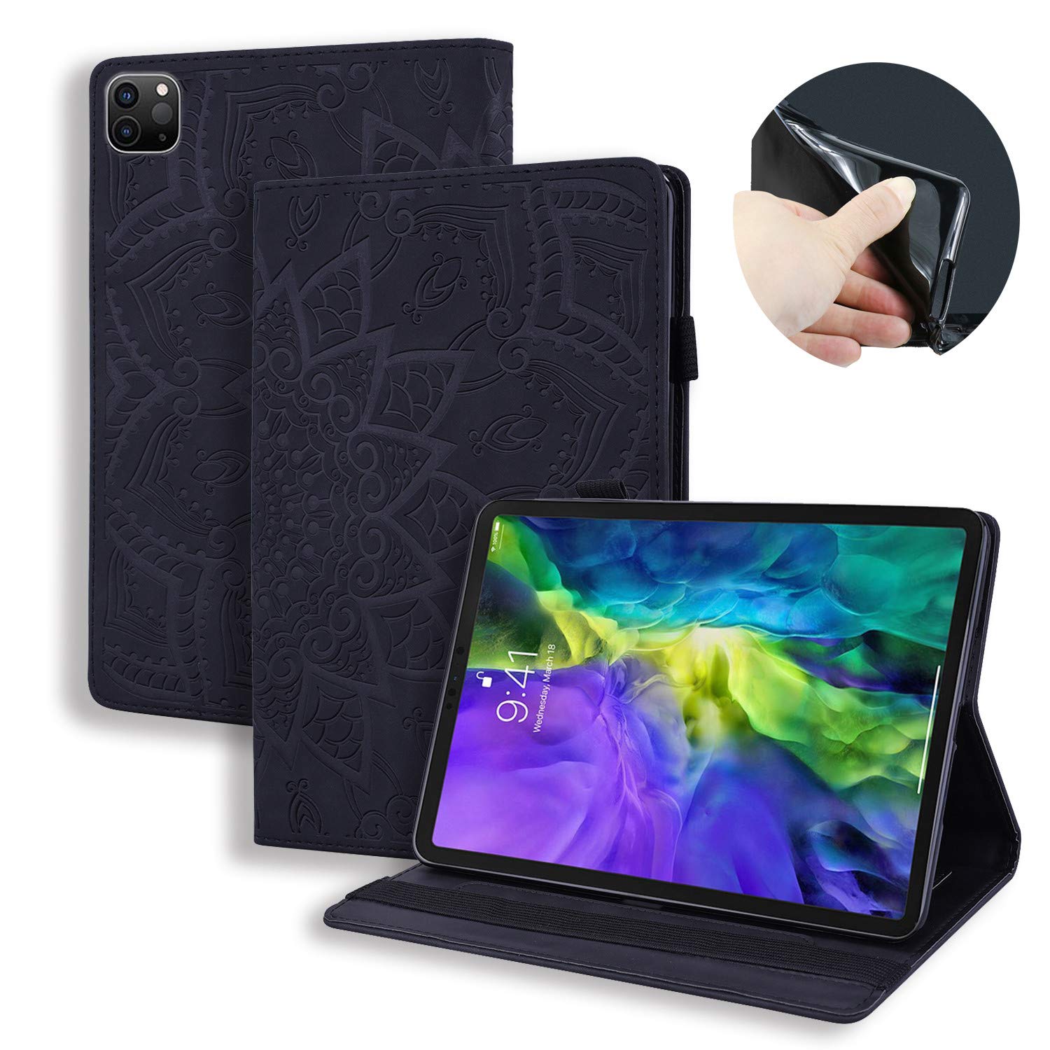 Premium PU Leather iPad Pro 12.9 Case (2020-2022 6th/5th/4th Gen) with Pencil Holder & Multi-Angle Stand - Lightweight Protective Cover with Embossed Flower Design - Perfect for Work, Study, and Travel