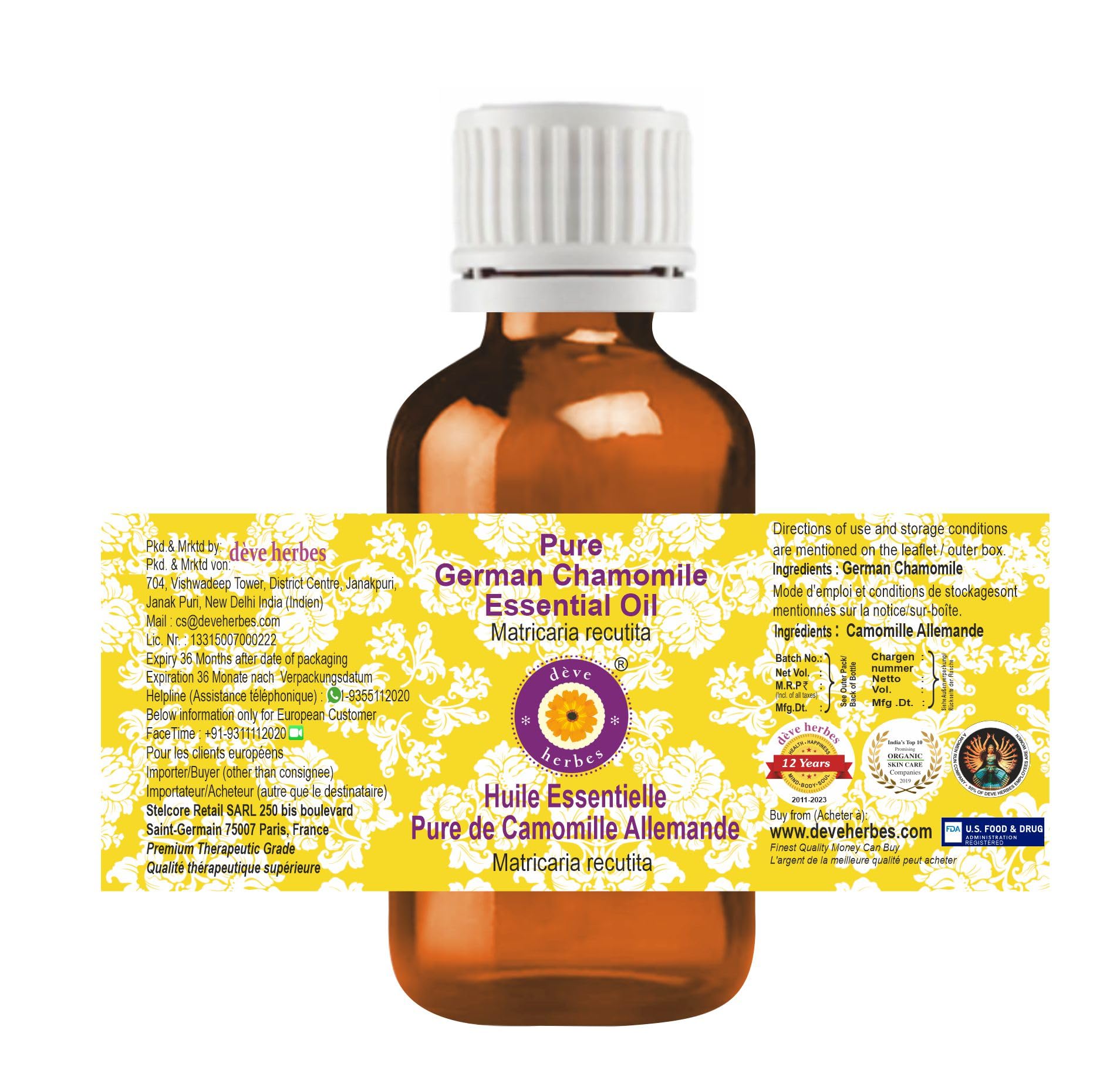 Pure German Chamomile Essential Oil (Matricaria recutita) - 100% Natural, Steam Distilled, 100ml (3.38 oz) - Perfect for Aromatherapy, Massage & Skin Care