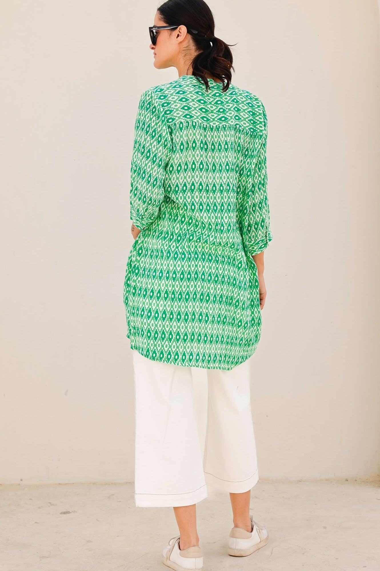 Mila Shirt Tunic for Women - Aztec Green & White Bohemian Style Blouse - Perfect for Casual Outings, Workwear & Summer Vacations