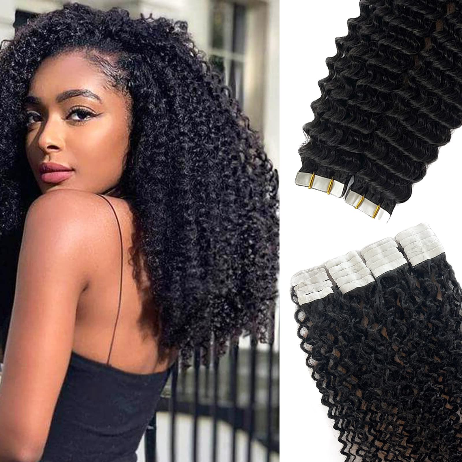 3C Kinky Curly Tape-In Hair Extensions 16 Inch - 20 Pieces 50g Double Sided Remy Human Hair Extensions for Black Women | Natural Look for Daily Wear, Special Occasions & Protective Styling