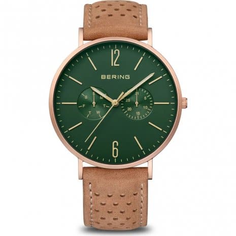 BERING 14240 668 Classic Green Dial Brown Leather Strap Men's Watch - Stylish & Durable Timepiece for Business, Casual & Outdoor Activities