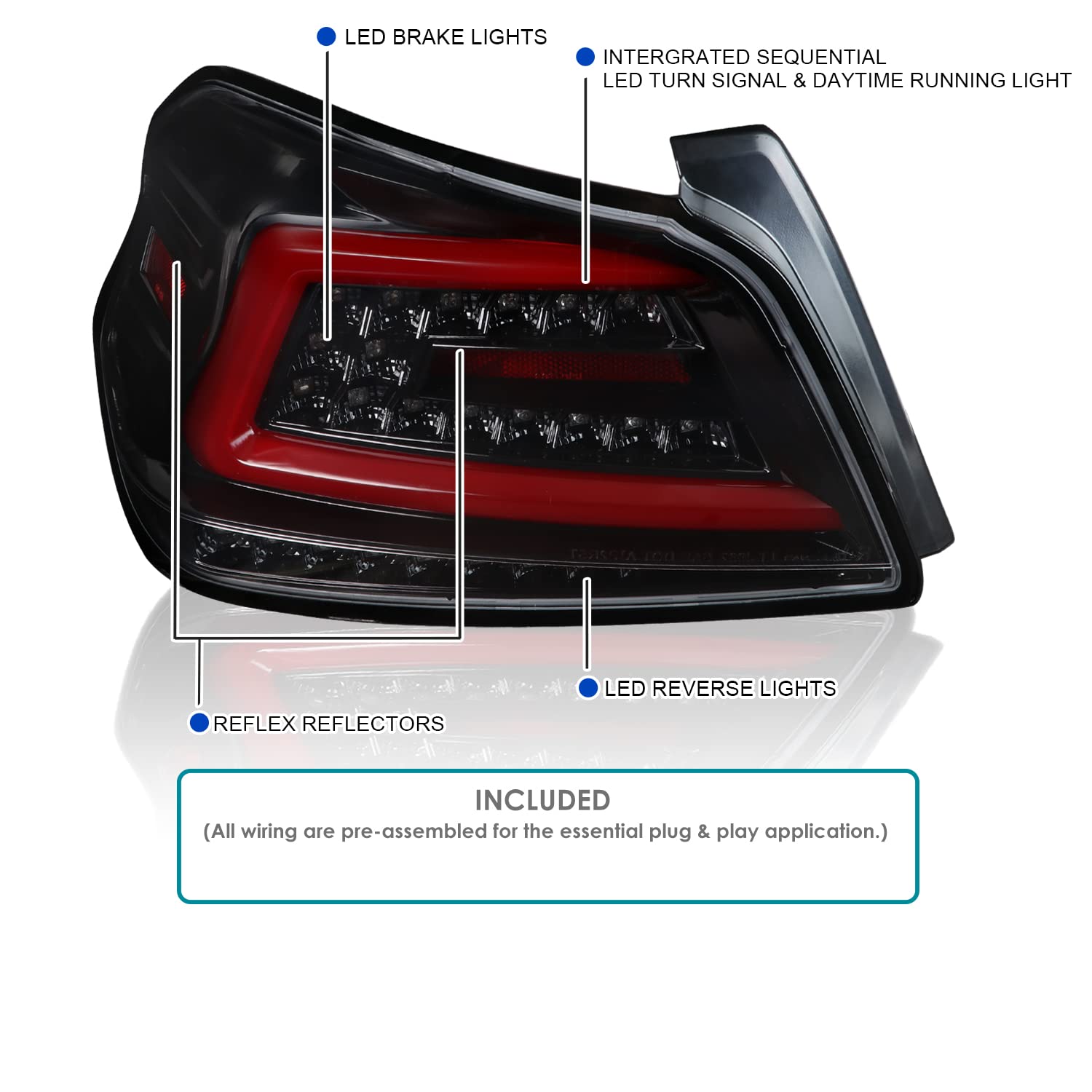 Spec-D Tuning Jet Black LED Tail Lights with Red Sequential LED Tube - Compatible with 2015-2021 Subaru WRX/WRX STI (Left & Right Pair) - Enhanced Visibility & Style for Night Driving & Car Shows