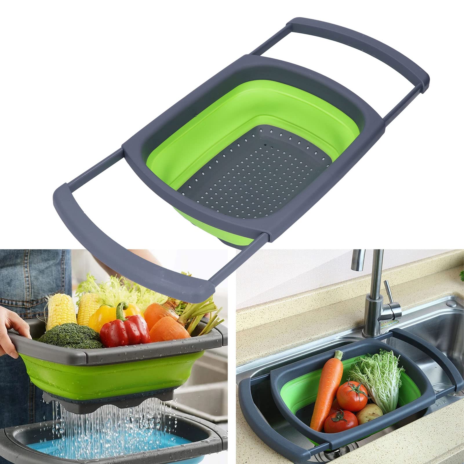 Lightweight Portable Silicone Foldable Fruit & Vegetable Wash Strainer Basket - High Temperature Resistant, Green Collapsible Drain Basket for Kitchen, Camping & Travel