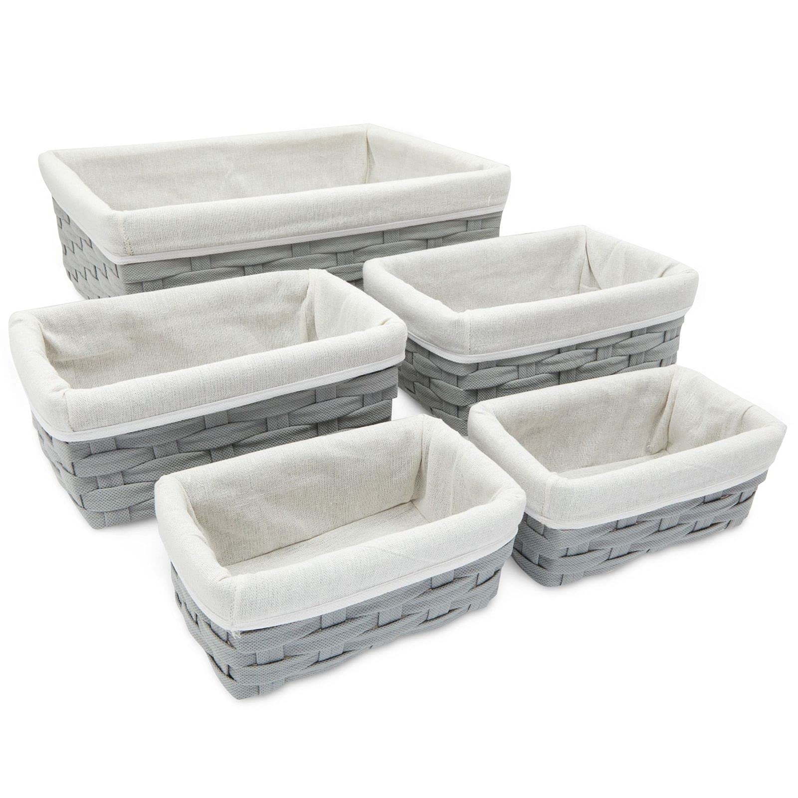 5-Pack Gray Wicker Nesting Baskets with Soft Cloth Lining - 3 Sizes Rectangular Storage Bins for Pantry Shelves, Closet Organization & Home Decor - Perfect for Bedroom, Bathroom & Nursery Storage Solutions