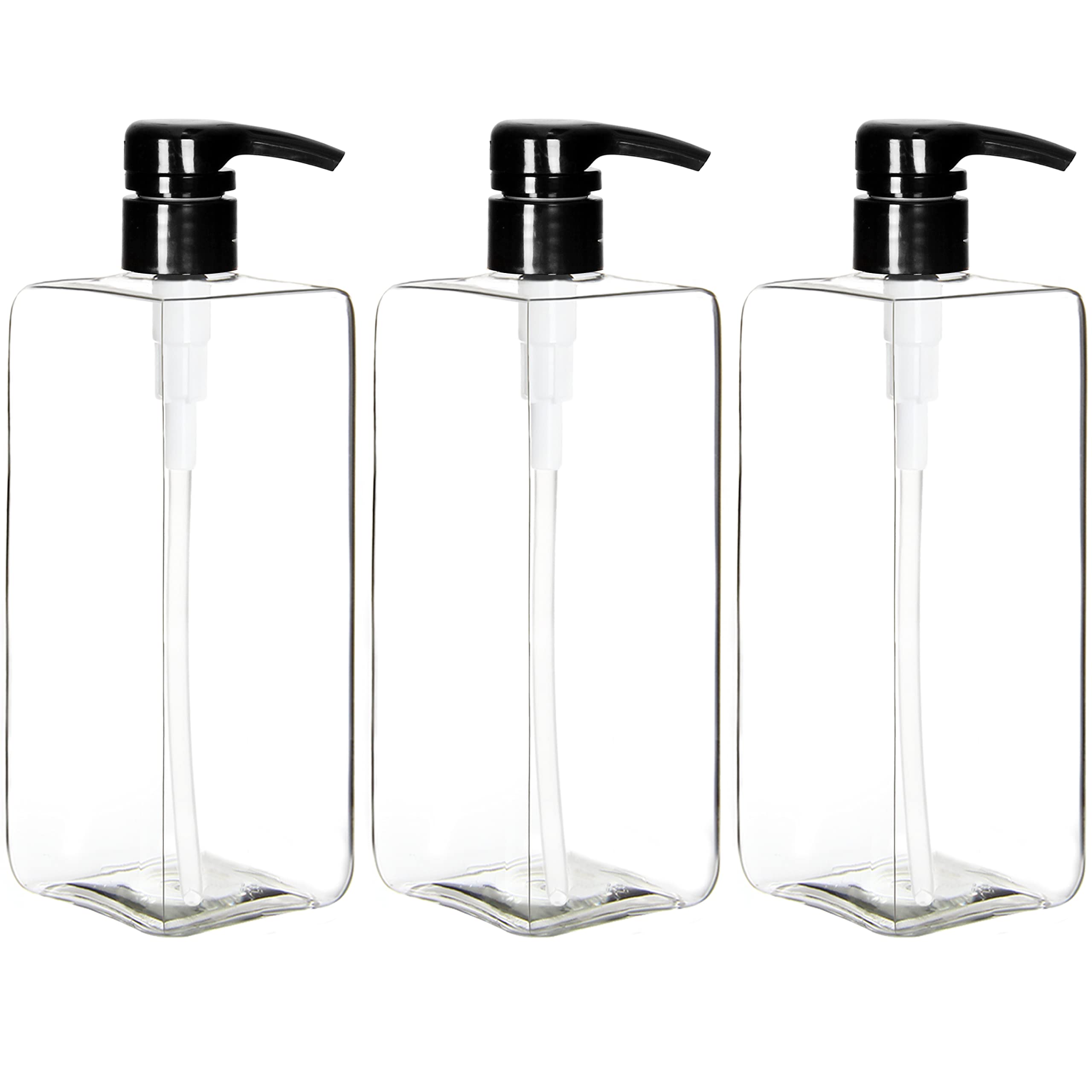 Youngever 3 Pack 24oz Empty Shampoo Pump Bottles - Leak Proof Plastic Square Containers with Lockdown Lids - Clear Refillable Dispensers for Shampoo, Conditioner & Liquid Soap - Perfect for Bathroom, Salon & Travel Use