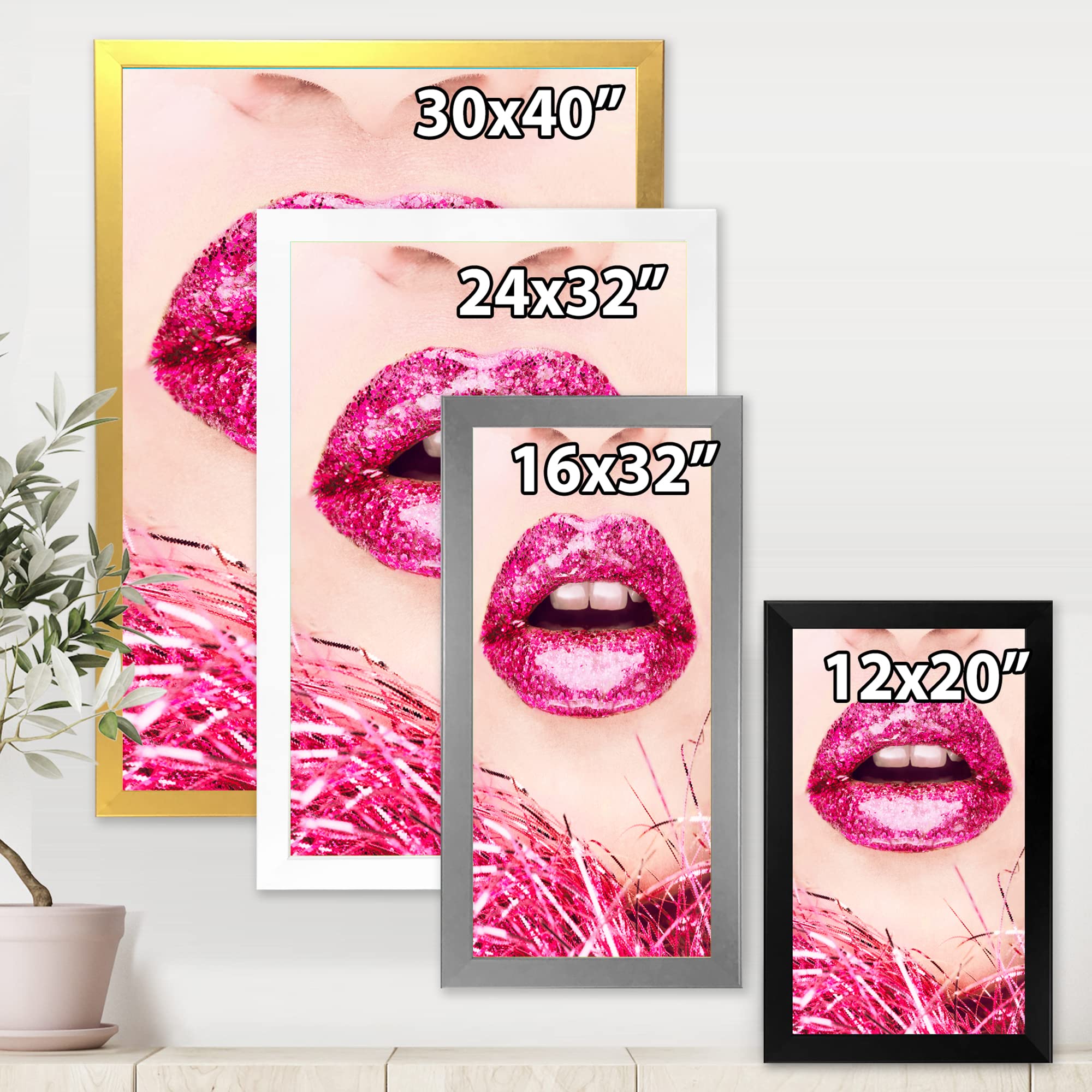 DesignQ Golden Woman Lips II Modern Framed Wall Art - Elegant Home Decor for Living Room, Bedroom & Office
