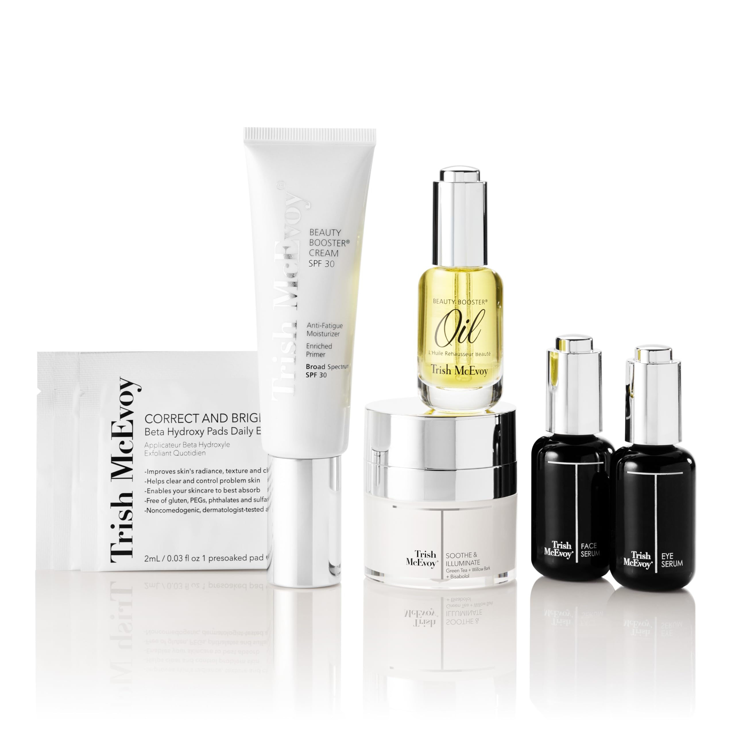 Trish McEvoy The Beauty Booster Travel Collection 6-Piece Set - Brightening Beta Hydroxy Pads, Anti-Aging Face Serum, Eye Serum, Nourishing Oil, Moisturizing Cream & SPF 30 | Perfect for Skincare Routine, Travel Essentials & Daily Beauty Regimen