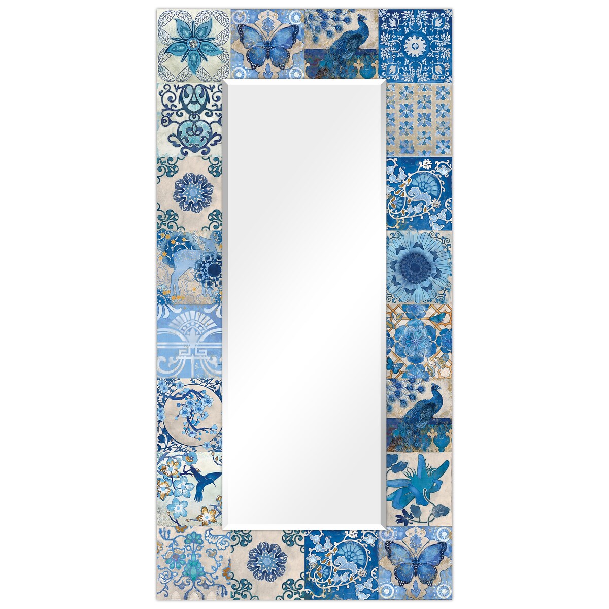 Blue & White Abstract Rectangular Beveled Wall Mirror - 72 x 36 Inches - Tempered Glass Free Floating Design - Perfect for Living Room, Bedroom or Entryway Decor